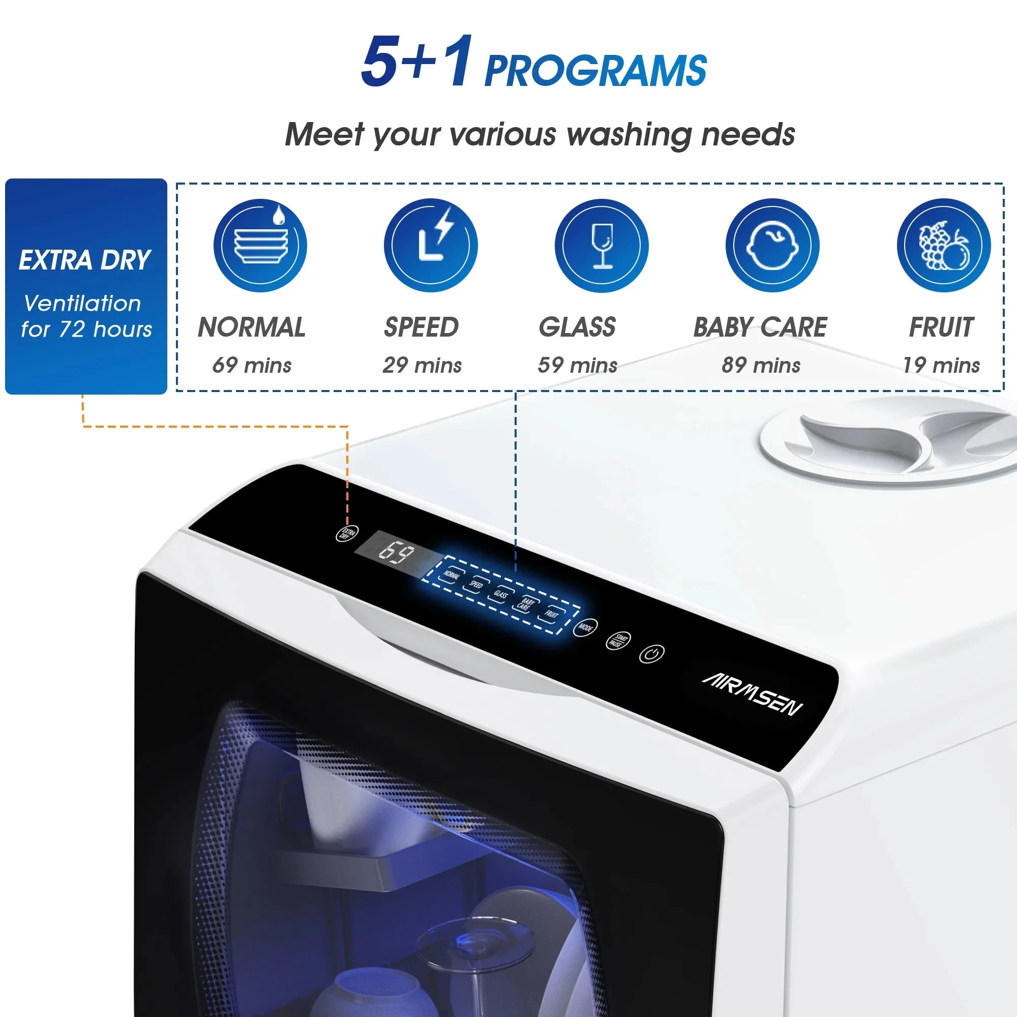 AIRMSEN Portable Countertop Dishwasher With 5L Built-In Water Tank And 5 Washing Programs - AE-TDQR03