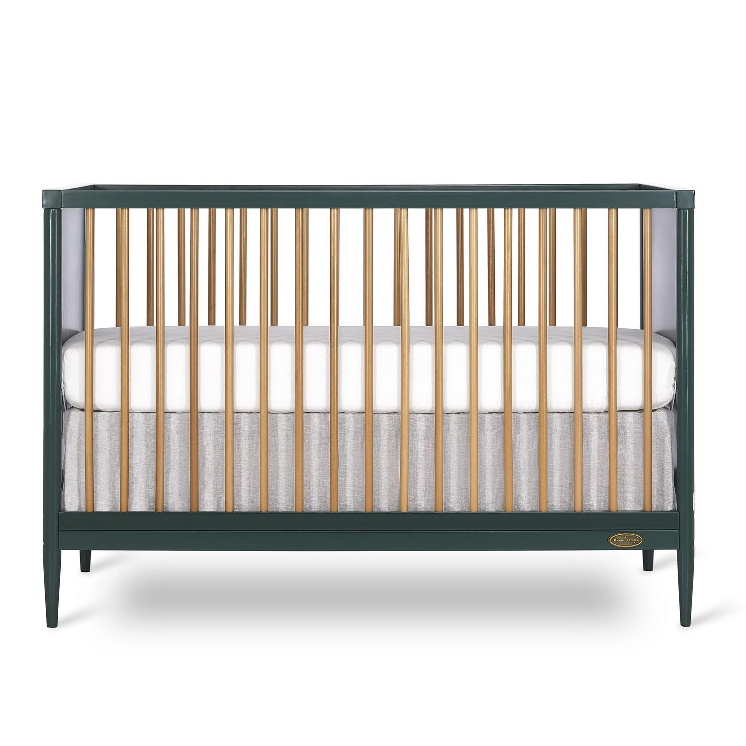 Dream On Me Clover 4 In 1 Modern Island crib With Rounded Spindles I Convertible Crib I Mid- Century Meets Modern I Coordinates With The Clover Changing Table in Olive Finish