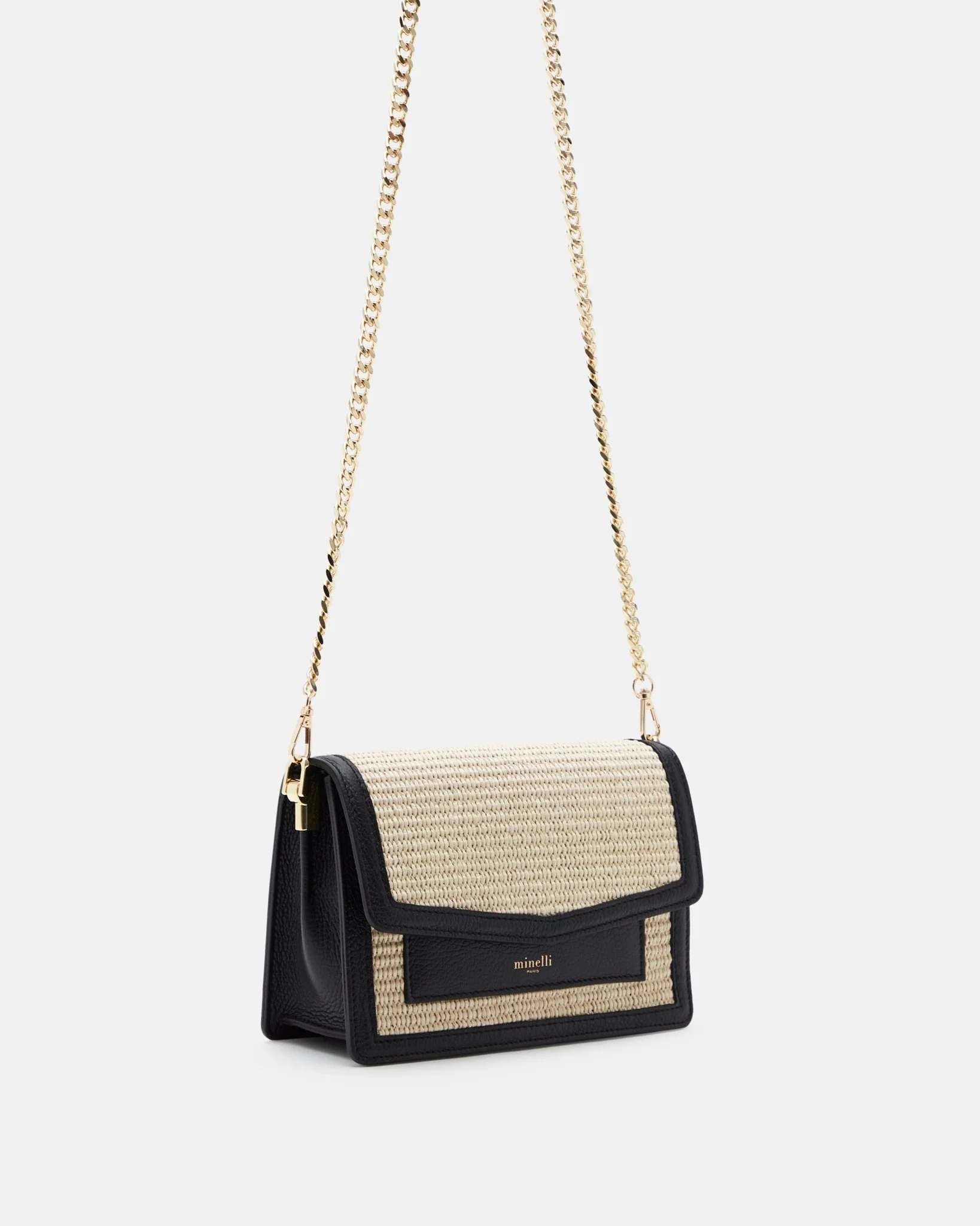 SAC AKIA NATUREL NOIR - Sac en cuir et paille bandoulière chaîne