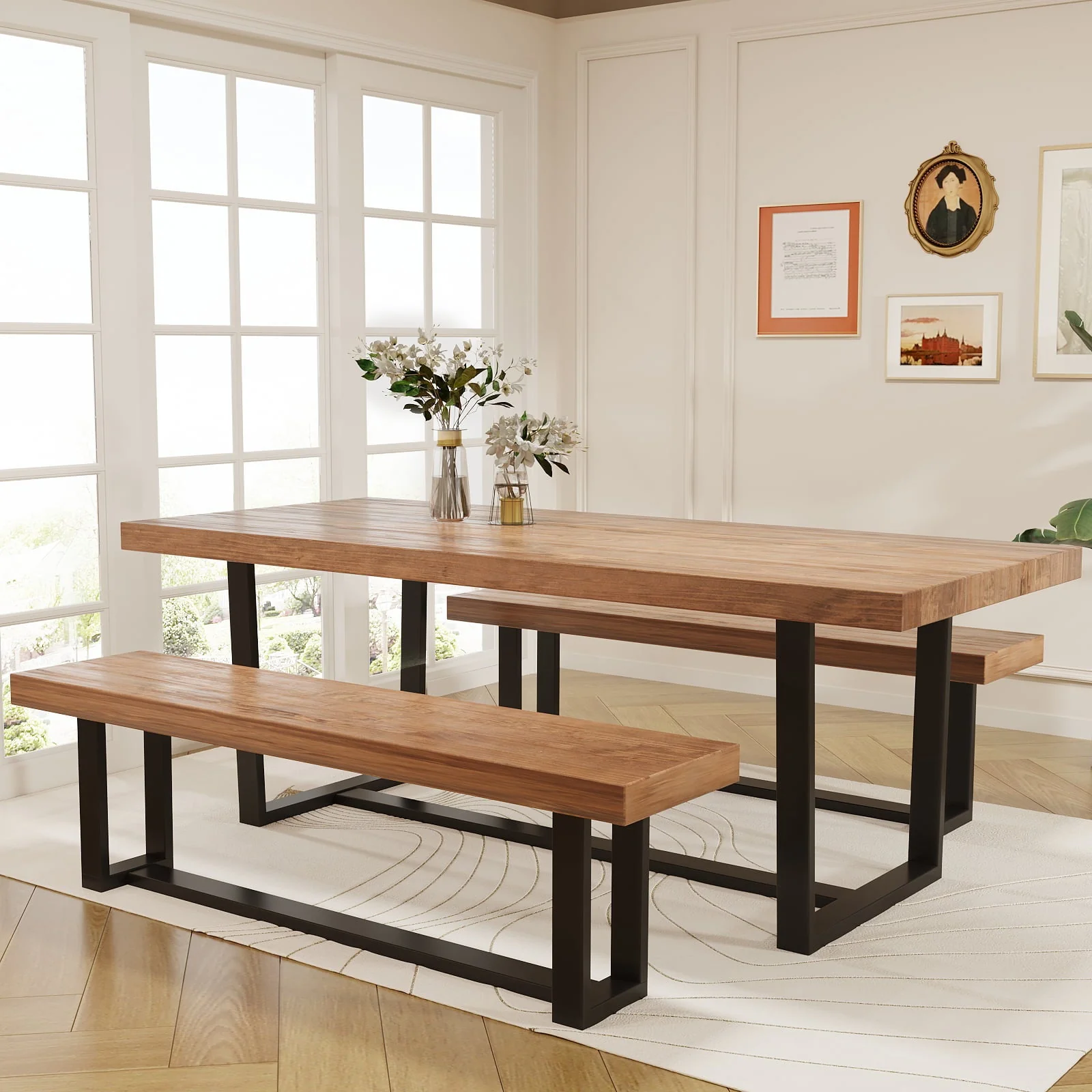 Yaoping 72" Rustic Farmhouse Solid Wood Dining Table with Metal Frame, Rectangular Kitchen and Dining Table for Home Office Furniture(Brown-72 in Dining Table) - Image 6