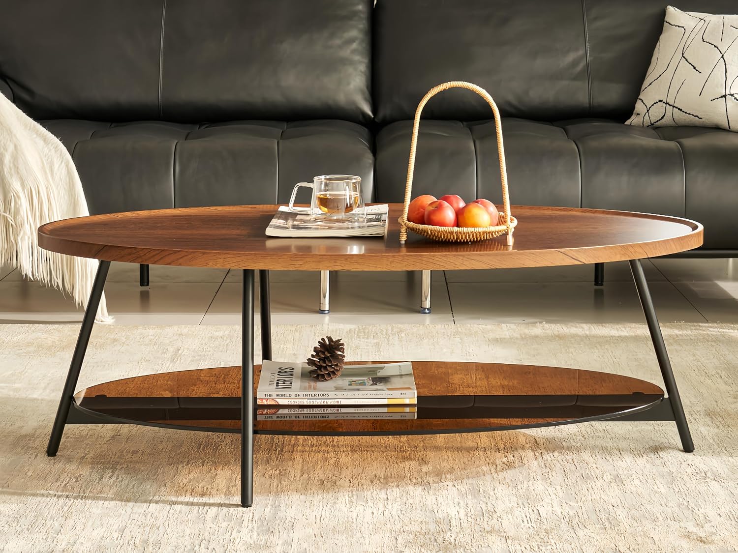 Shrine Glass Coffee Table, Black Walnut Table for Living Room, Glass and Wood Table, 43.3