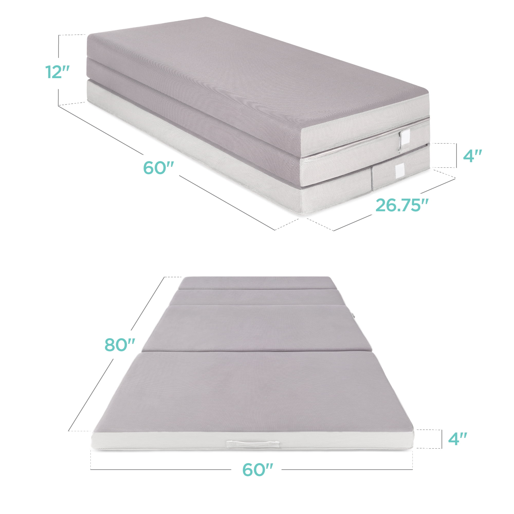 Best Choice Products 4in Thick Folding Portable Twin Tri-Fold Mattress w/ Carry Case, Washable Cover - Gray - Image 13