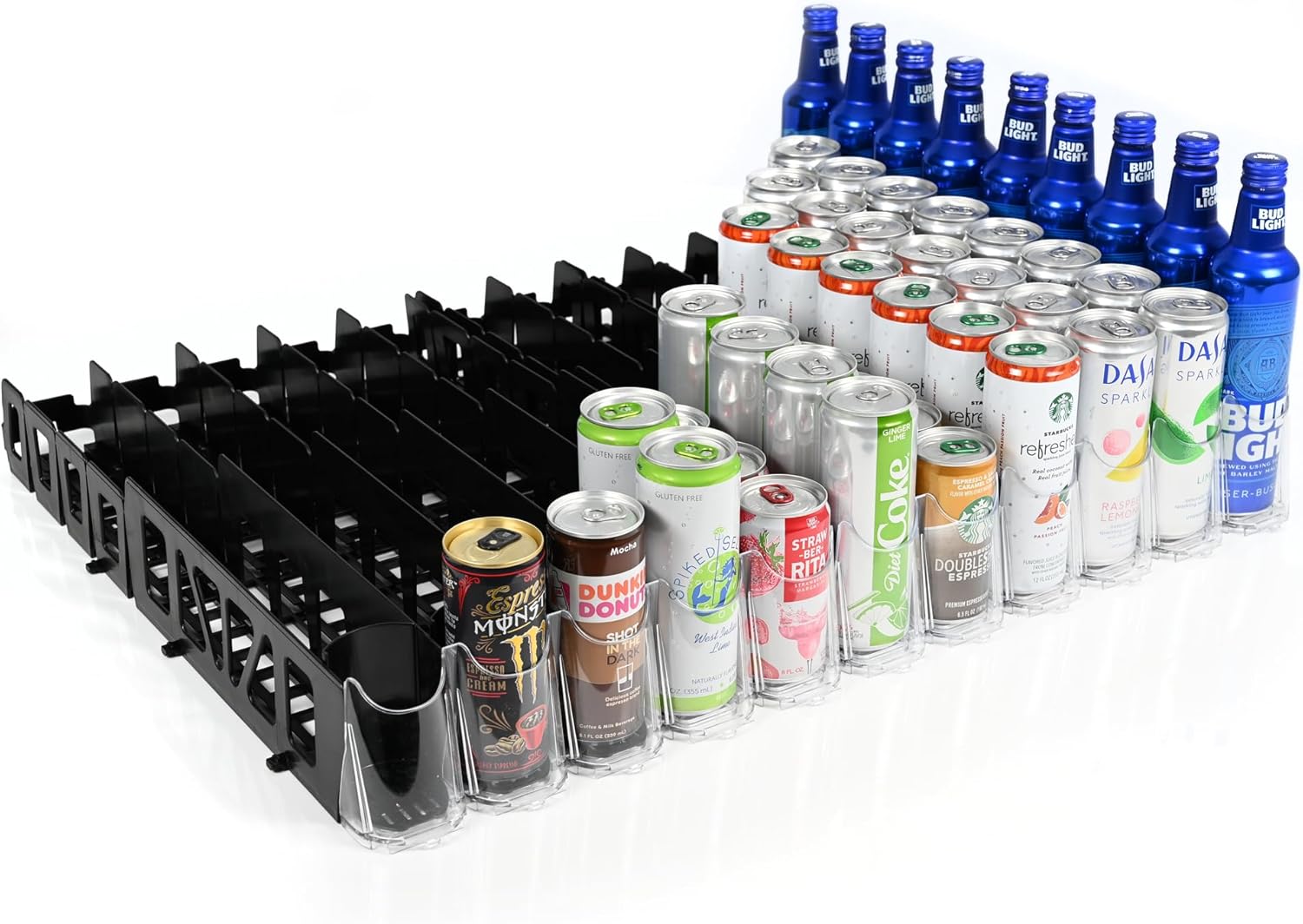 Display Technologies Drink Organizer for Fridge, Visi-Fast Spring-Loaded Beverage Glides for 12oz slim, 11-Wide, 24