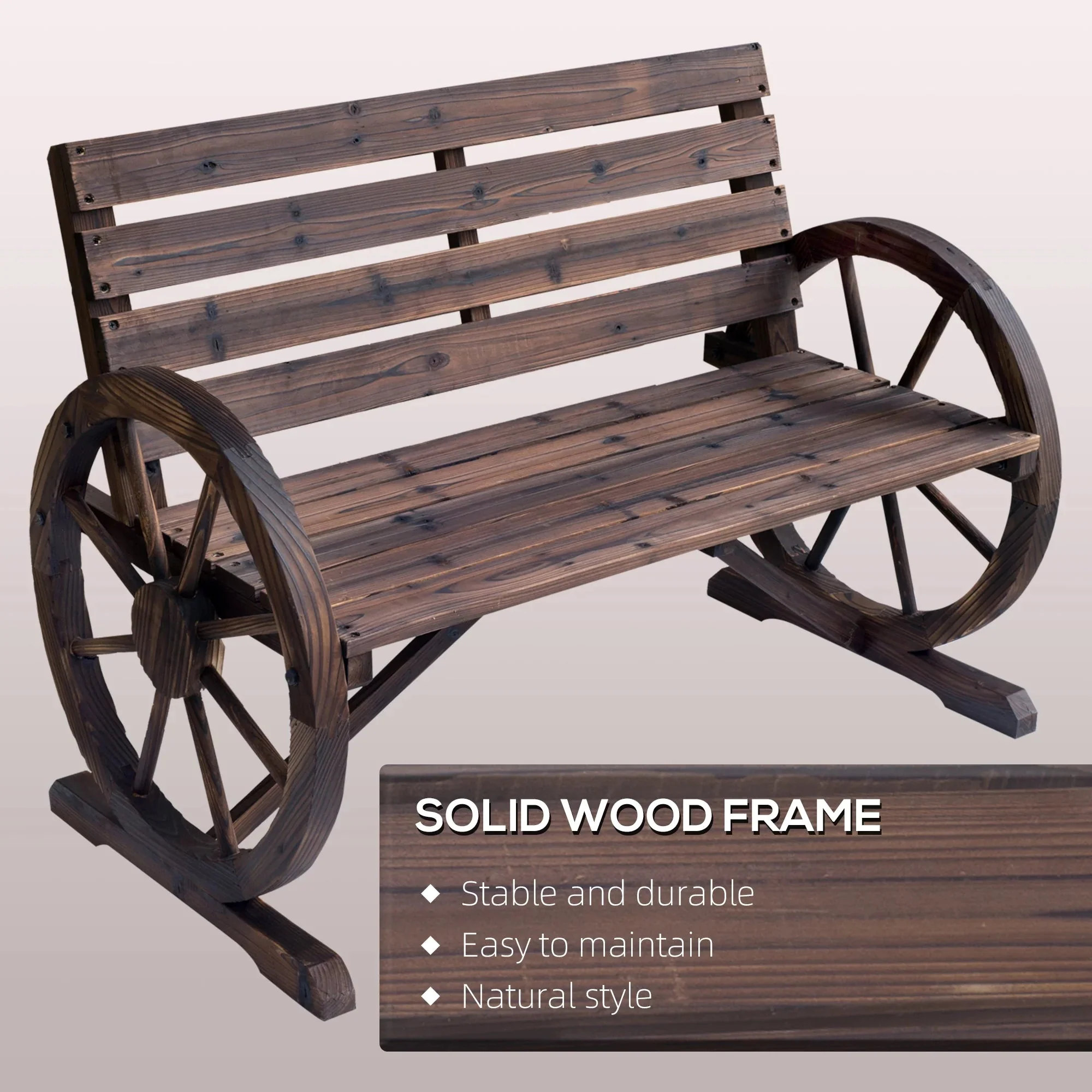 Outsunny Wooden Wagon Wheel Bench, 2-Person, Fir Wood, Carbonized, 41.5in L x 23.25in W x 29.5in H - 84B-183 - Image 5 Outsunny Wooden Wagon Wheel Bench, 2-Person, Fir Wood, Carbonized, 41.5in L x 23.25in W x 29.5in H - 84B-183 - Image 5