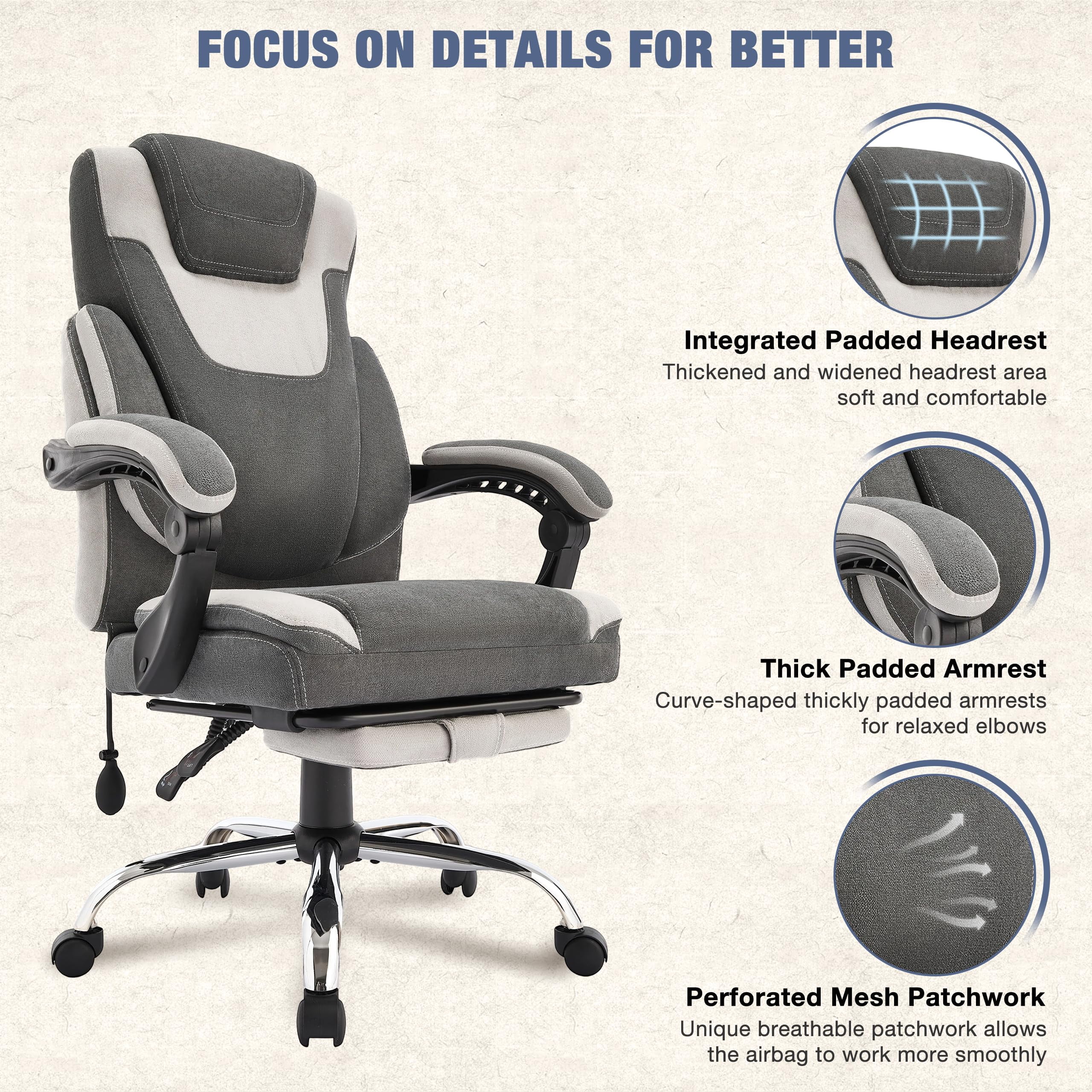 JONPONY Big and Tall Office Chair 400lbs, Executive Reclining Office Chairs with Footrest, High Back Home Office Chair Thick Padded Armrests, Ergonomic Adjustable Lumbar Support, PinkWhite - Image 16