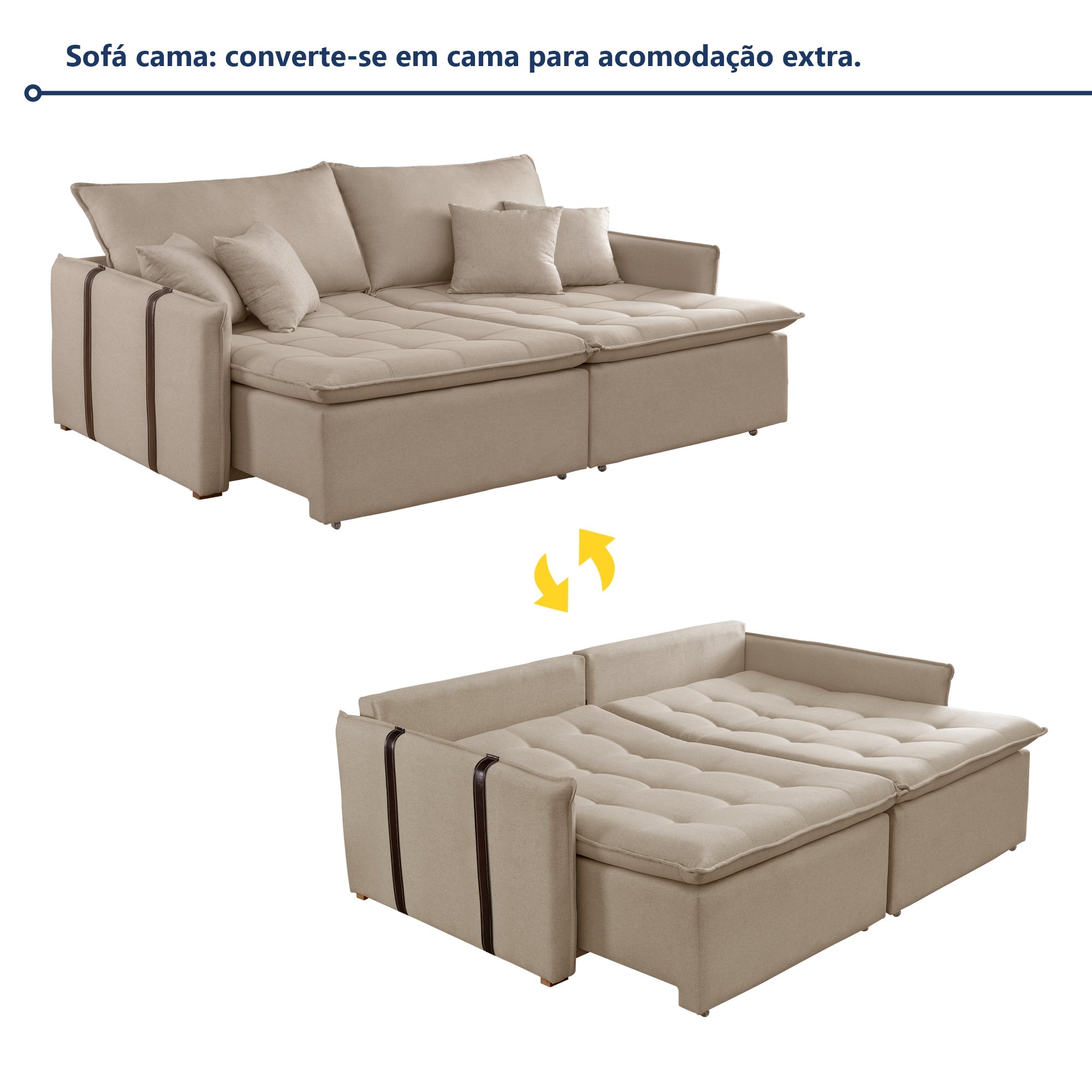 Sofá Cama 3 Lugares Retrátil 200cm Detroid Yescasa Linho Bege