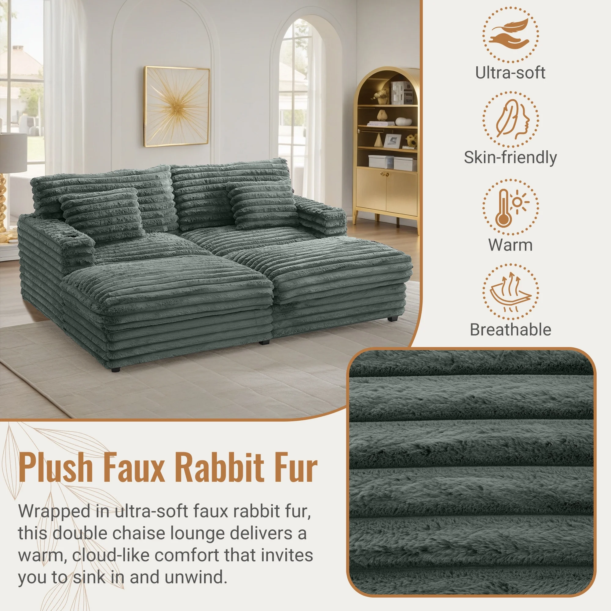 Oversized Double Chaise Lounge, Faux Fur Upholstered Deep Seat Sofa with 2 Pillows, 2 Cupholders, and Dual USB Ports - Image 42