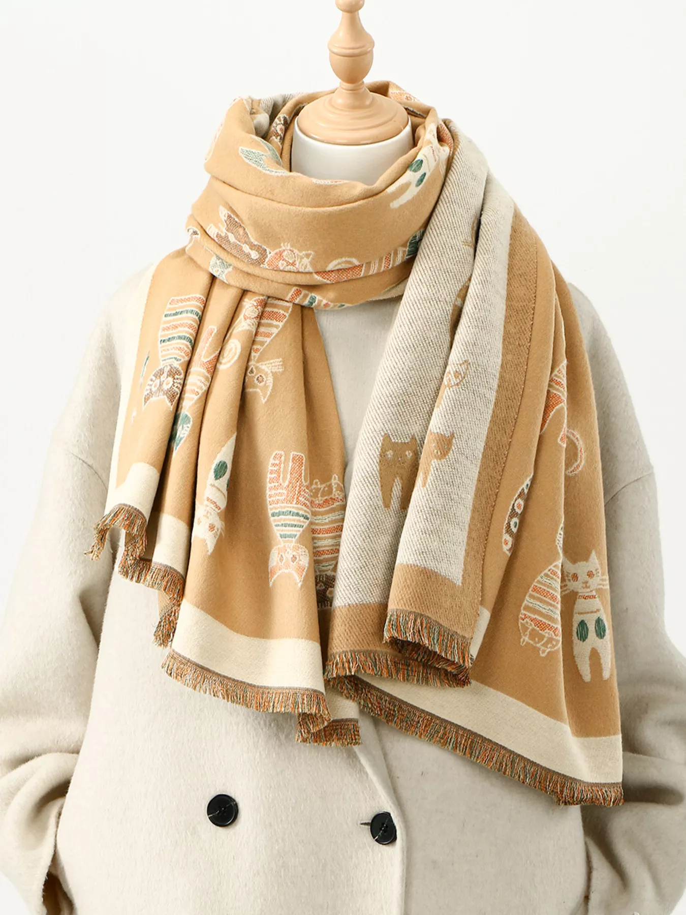 Cute Cat Pattern Raw Hem Scarf - ZKZOOK