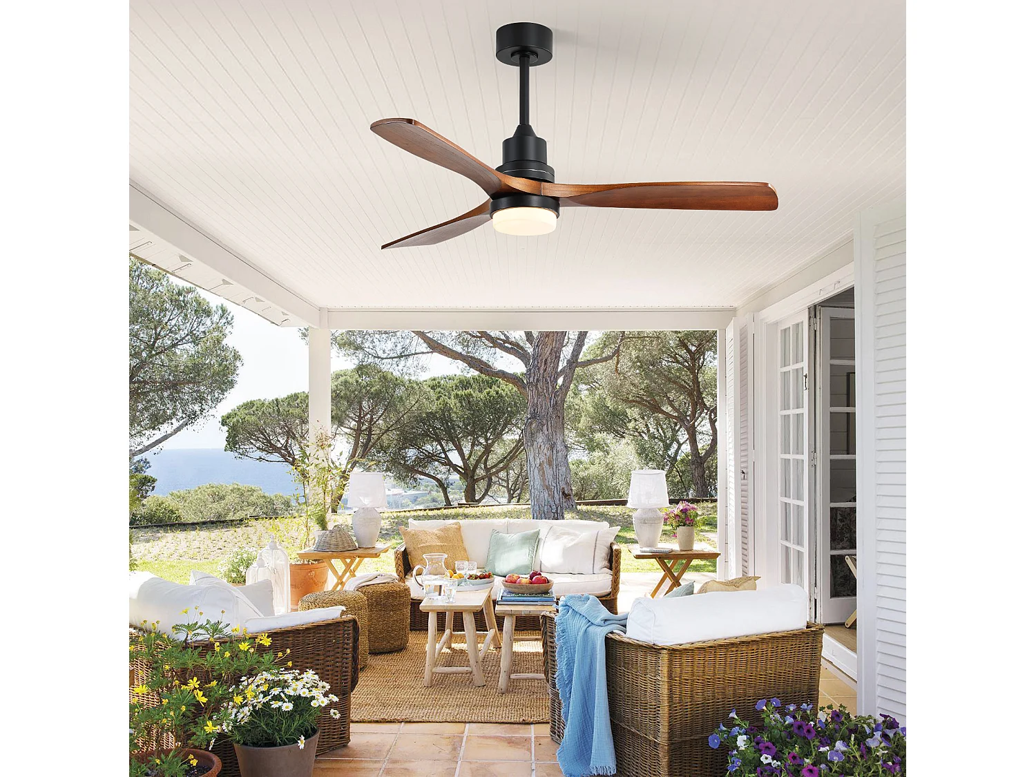 Ventilateur de plafond en noyer – Ventilateur de plafond avec éclairage LED et télécommande à 6 vitesses – pour salon