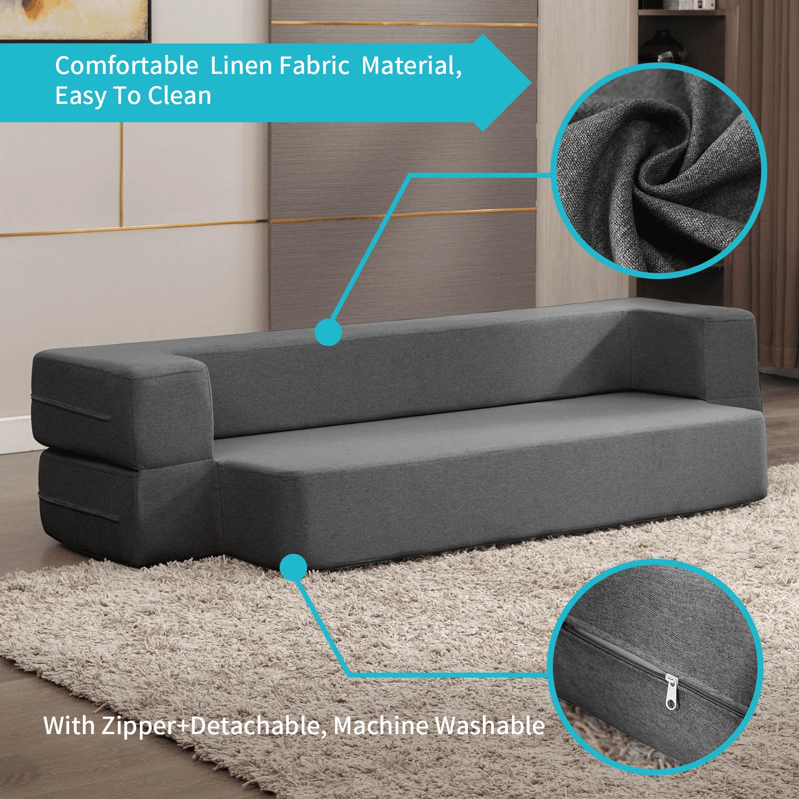 BALUS Folding Sofa Bed, Convertible Sleeper Sofa Bed Queen,Floor Couch Bed,Futon Sofa Bed Memory Foam Mattress,Floor Sofa Bed Twin for Living Room/Bedroom/Guest Room/Home Office,Dark Grey - Image 4