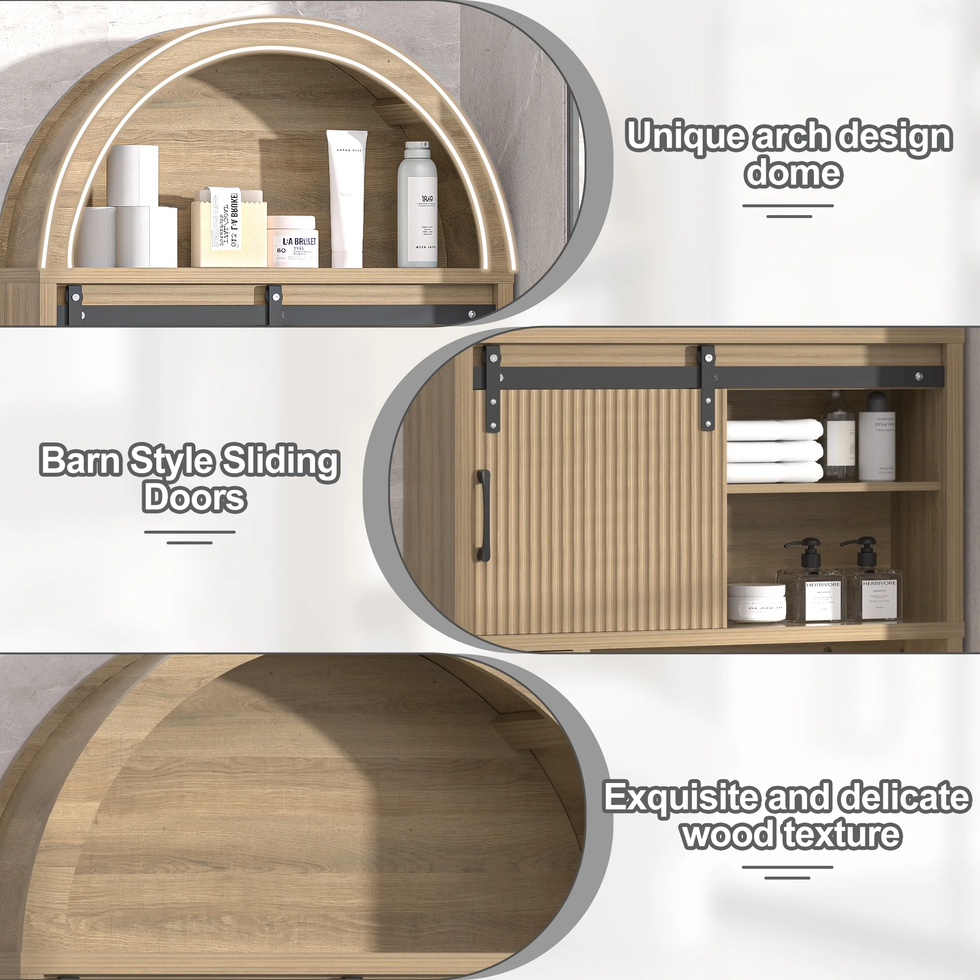 HARIPUL Over The Toilet Storage Cabinet w/ Unique Wood Grain & Arc Design, Freestanding Bathroom Shelf Organizer Space Saver w/ Doors & Anti-Tip Device, Wood Color - Image 58