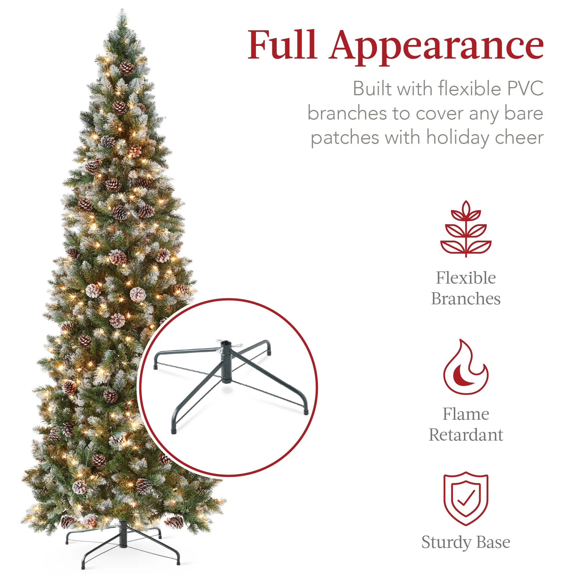 Best Choice Products 6ft Pre-Lit Partially Flocked Pencil Christmas Tree w/ 250 Lights, Pine Cones, Foldable Stand - Image 10