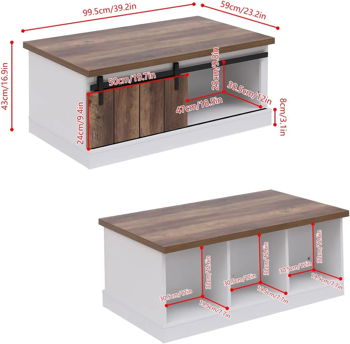 Ansley&HosHo Farmhouse Coffee Table with Sliding Barn Doors & Storage, Antique Wood Living Room Center Table, Rustic Industrial Cocktail Table for Bedroom Home Office, White+Dark Walnut