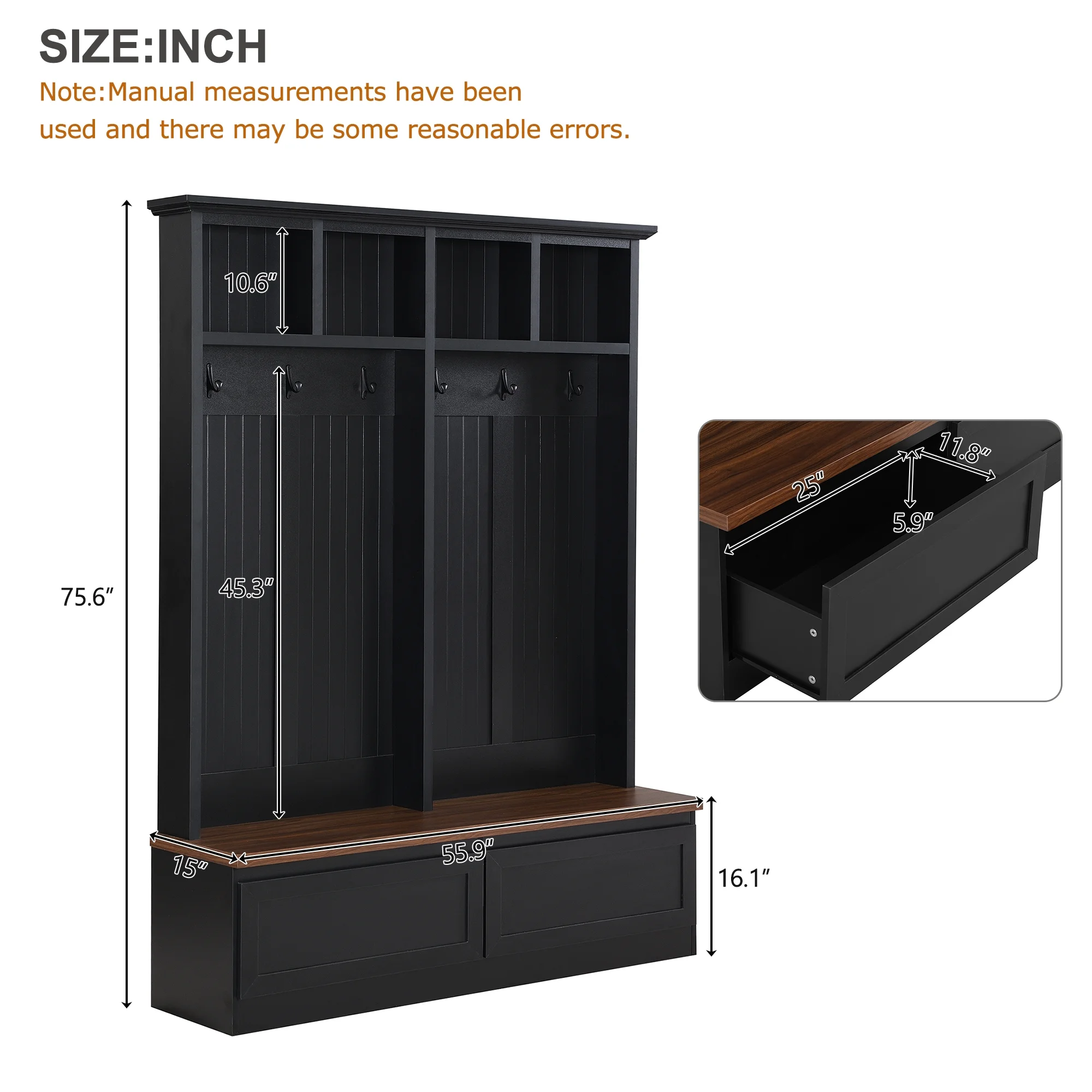Harper & Bright Designs Wood Hall Tree with Bench , 4-in-1 Entryway Tree with Drawers , Entryway Bench with Coat Rack for Hallway , Black