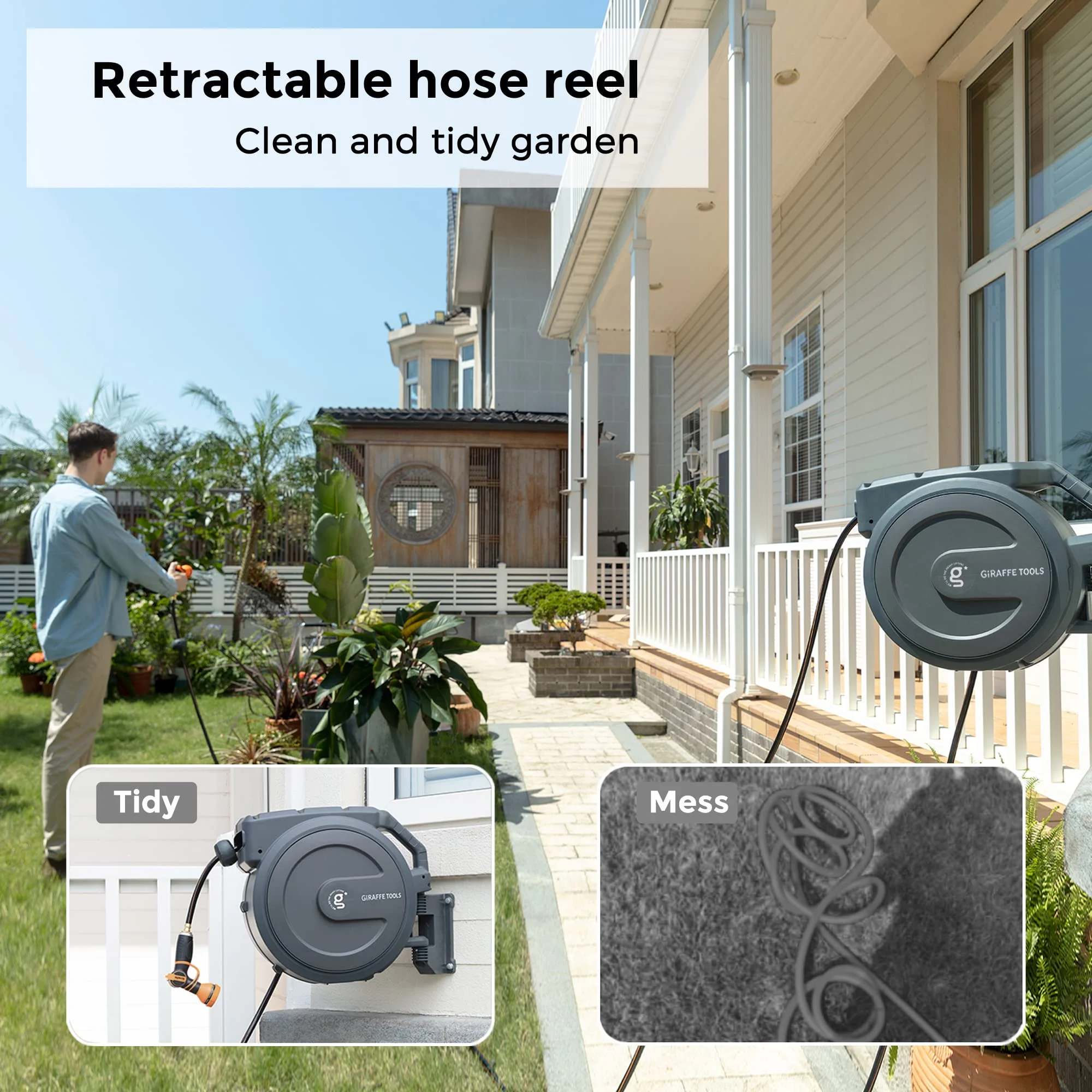 Giraffe Tools Retractable Garden Hose Reel with 1/2in-100ft Water Hose, Plastic Bracket, Wall Mounted, Dark Grey - Image 2