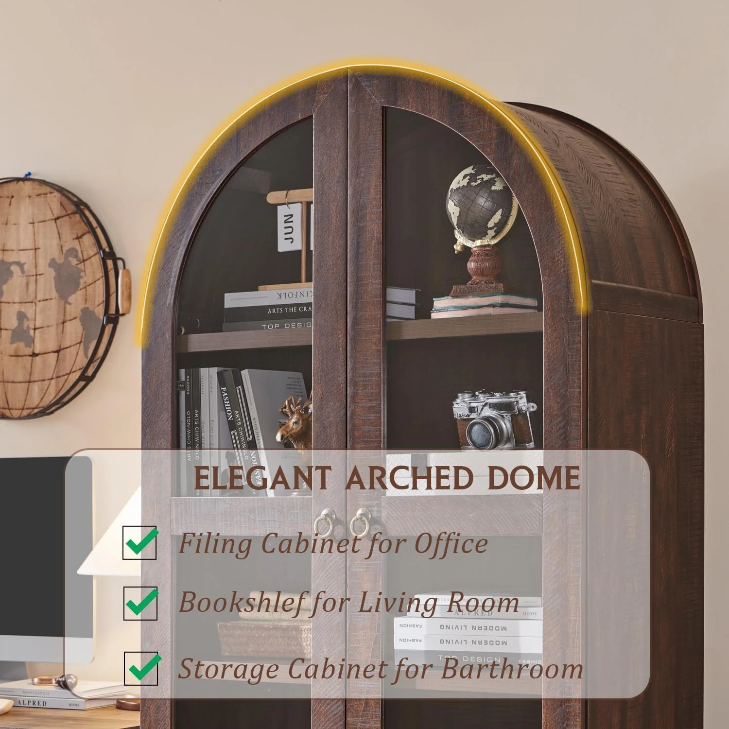 IFGET 71-Inch Arched 4-Tier Bookcase with Glass Doors and Drawers - Image 30