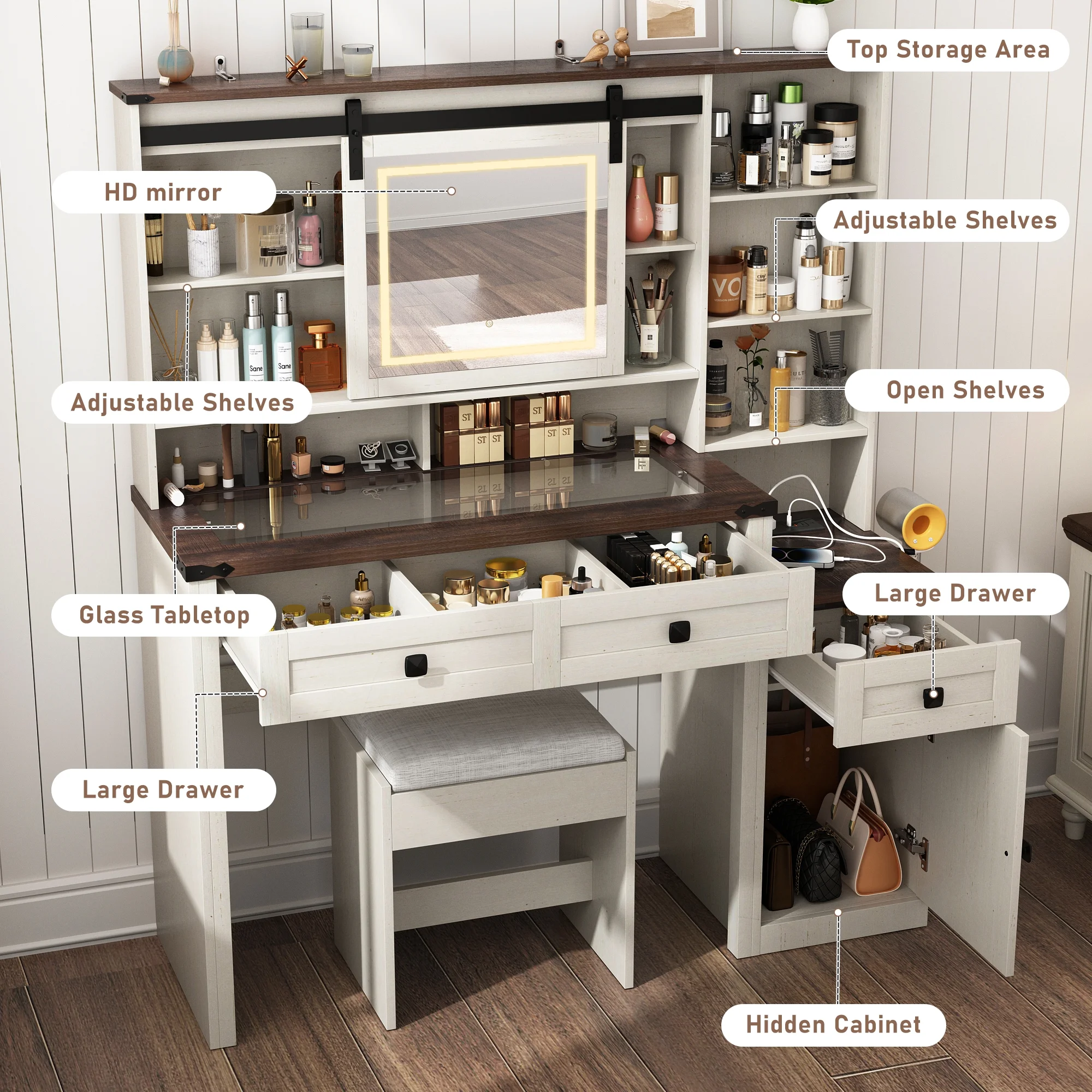 Blotout 47.2" Farmhouse Rustic Makeup Vanity Desk with Sliding Mirror and Lights, Glass Top Vanity Set with Charging Station & 3 Drawers & 1 Cabinet & Stool, Big Vanity (White) - Image 7