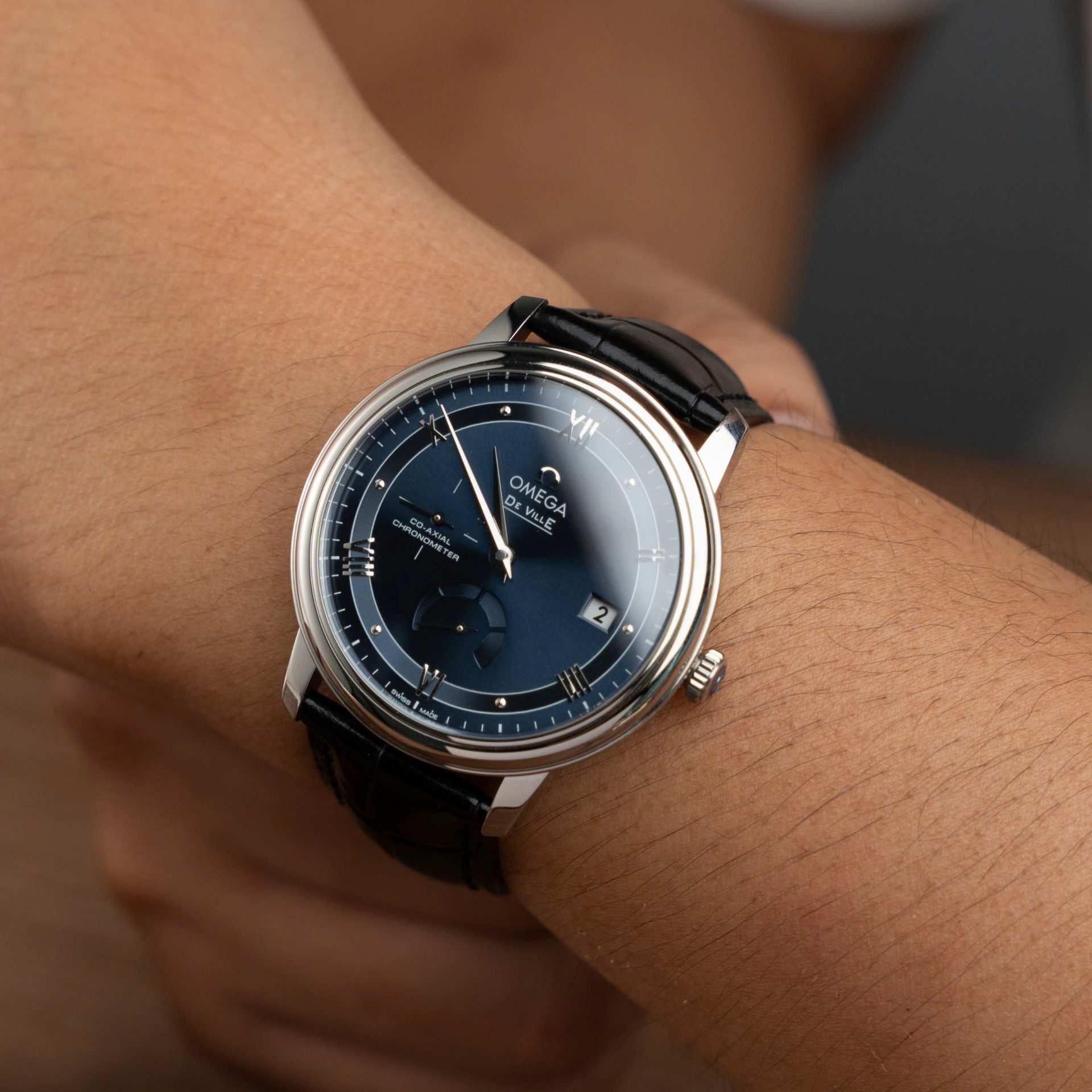 Omega De Ville Prestige Power Reserve Replica Watch Dial Blue Leather Strap 39.5mm - Top club