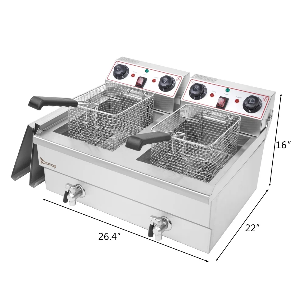 EH102V 110V 110V,3400W 24.9quart/23.6L Stainless Steel Double Cylinder Electric Fryer US Plug, Electric Deep Fryer Frying with 2 Faucets and Lids for Home Use, Adjustable Temperature, Easy to clean