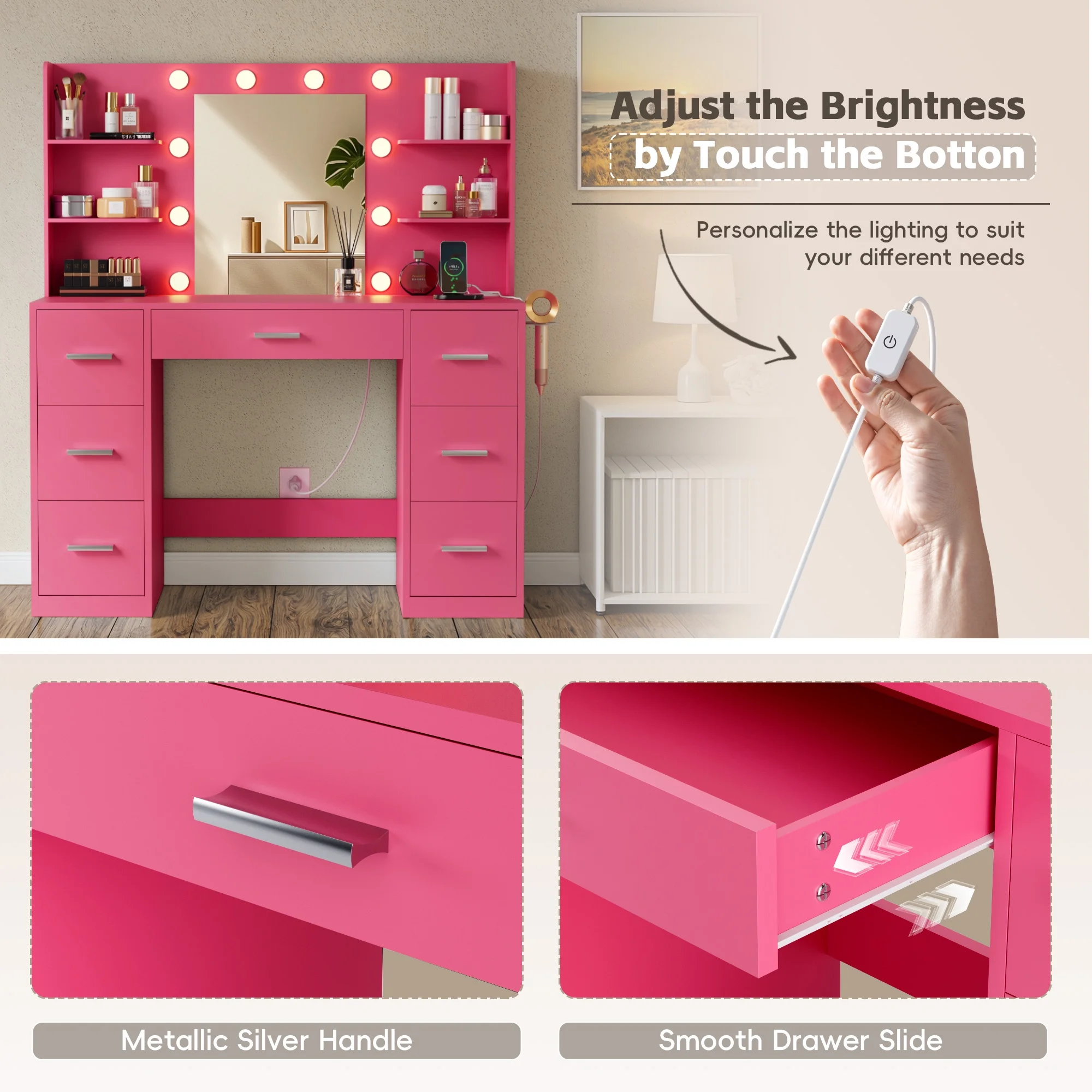Lacoo Vanity Desk with Mirror and LED Lights, Makeup Vanity with 7 Drawers & 4 Shelves, Vanity Table with Power Outlet for Bedroom Dressing Room, White - Image 21