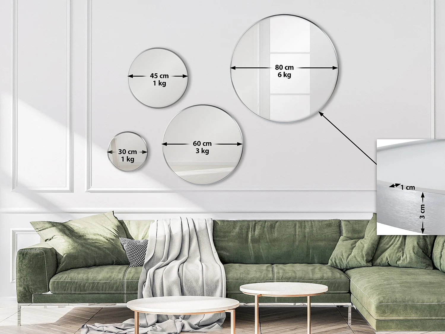 Miroir mural - rond Ø 45 cm - Métal - Argent - Elsie