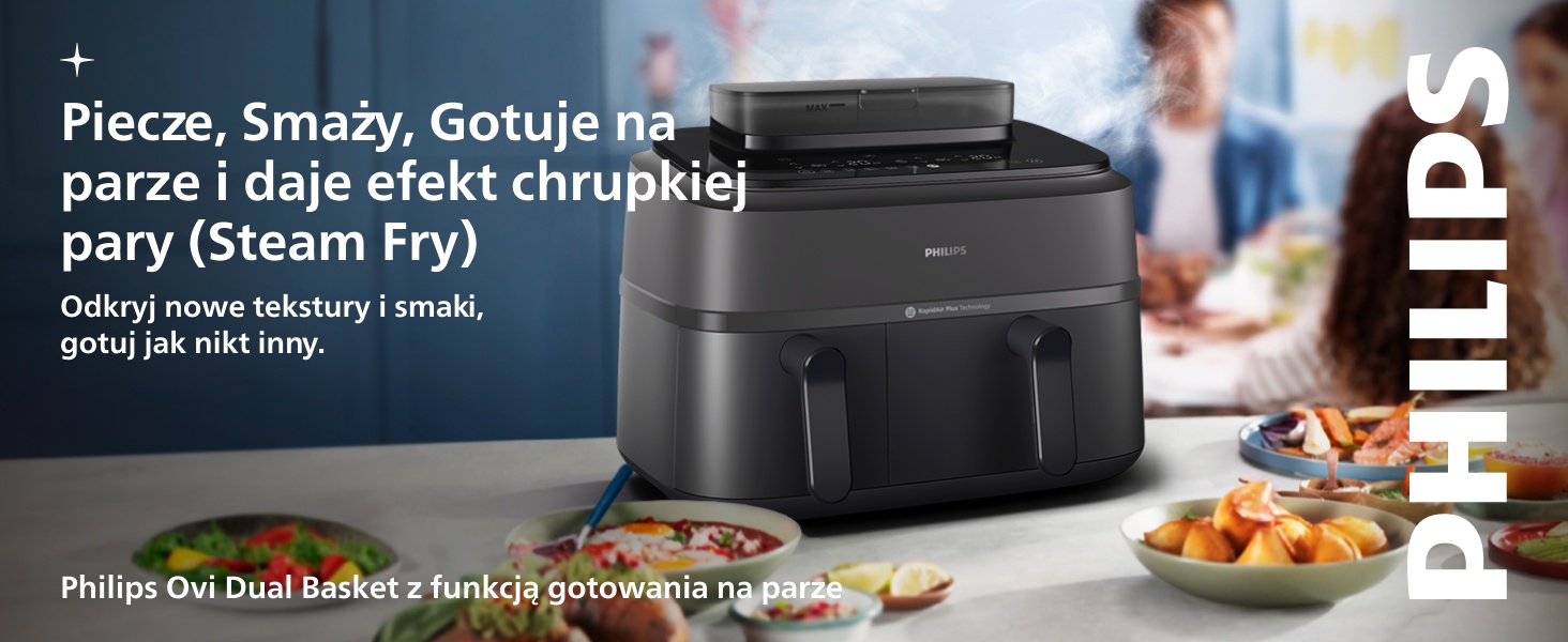 Tekst brzmi: „Piecze, Smaży, Gotuje na parze i daje efekt chrupkości' oraz „pary (Fry na parze)”. Reklama produktu przedstawiająca urządzenie kuchenne ze zdjęciami do przygotowywania żywności.