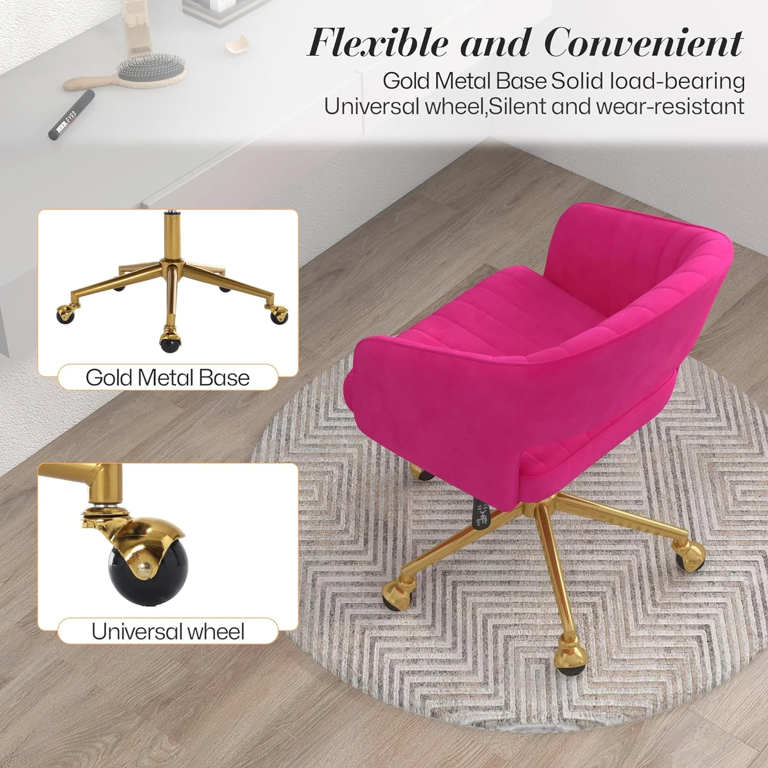 Home Office Swivel Desk Chair, Modern Velvet Vanity Chair, Height Adjustable Armchair with Gold Base, Ergonomic Office Chair for Task Study Computer Room, Beige - Image 26