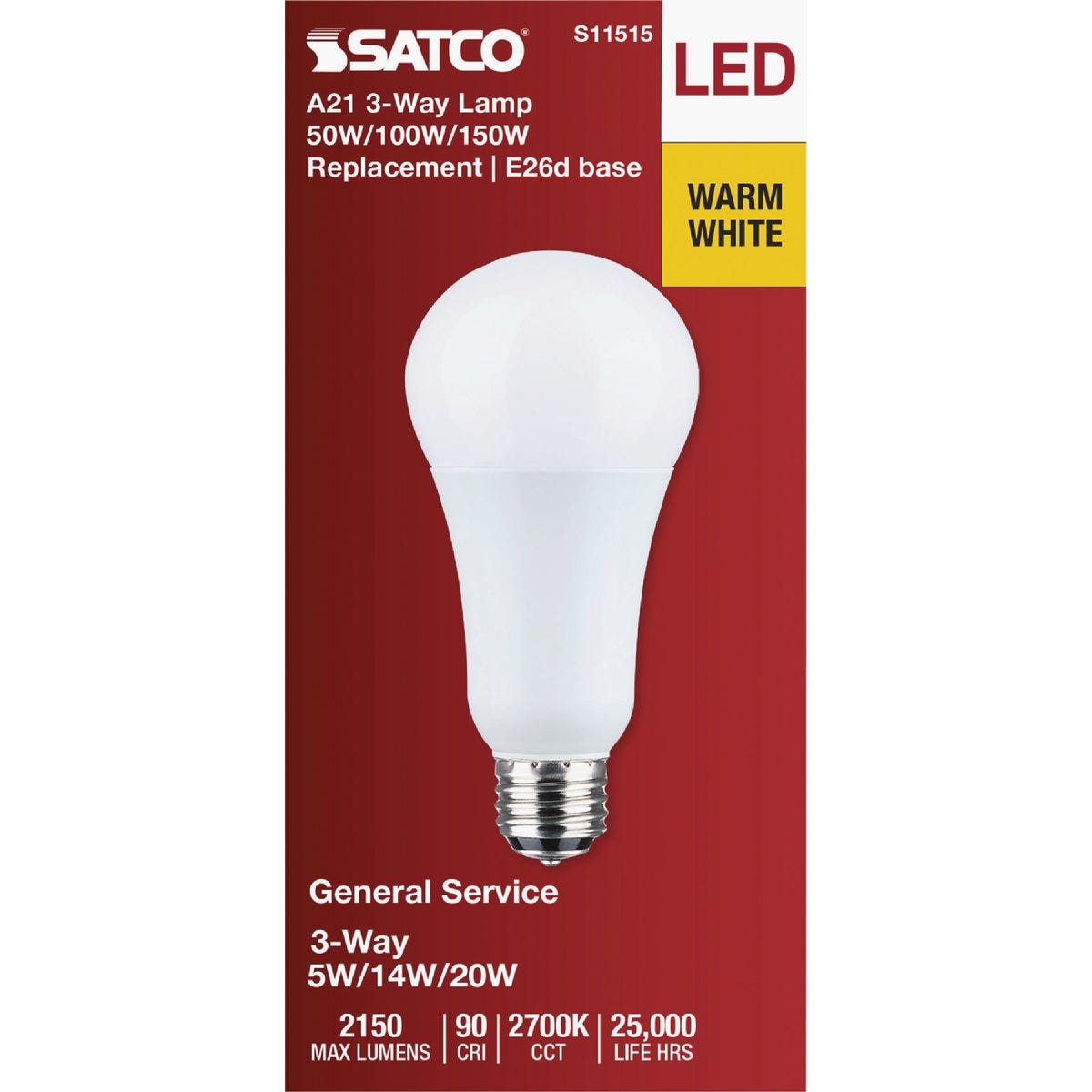 Satco 50/100/150W Equivalent Selectable 2700K CCT A21 LED 3-Way Bulb