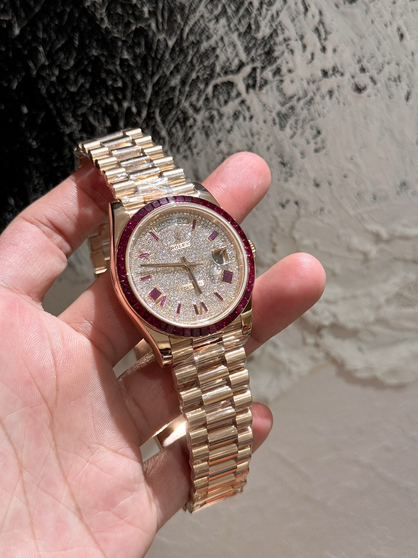 Rolex Replica Watch Day-Date Moissanite Ruby Baguette Red 18K Gold Wrapped 40mm - Top club