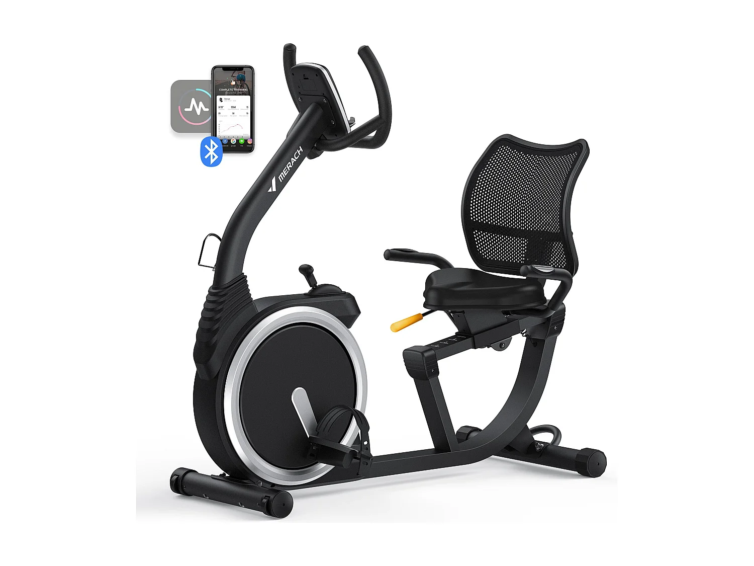 Vélo d'appartement Semi-allongé MERACH, 8 niveaux de résistance Magnétique, Foulée 15.2 cm, écran LED, APP connecté, poids max 135kg