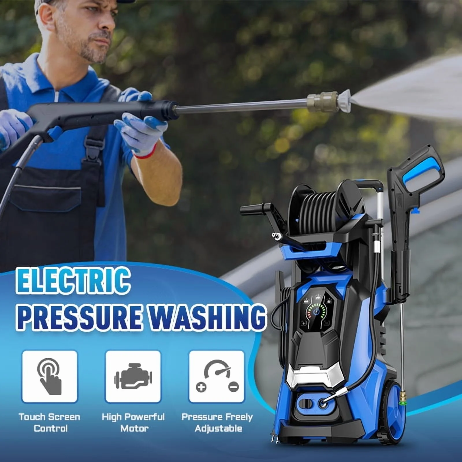 Electric Pressure Washer 5000PSI-Max 3.6GPM Power Washer Touch Screen Adjustable Pressure,4 Nozzles and 500ml Foam Cannon Power Washer Cleaning for Patio Blue