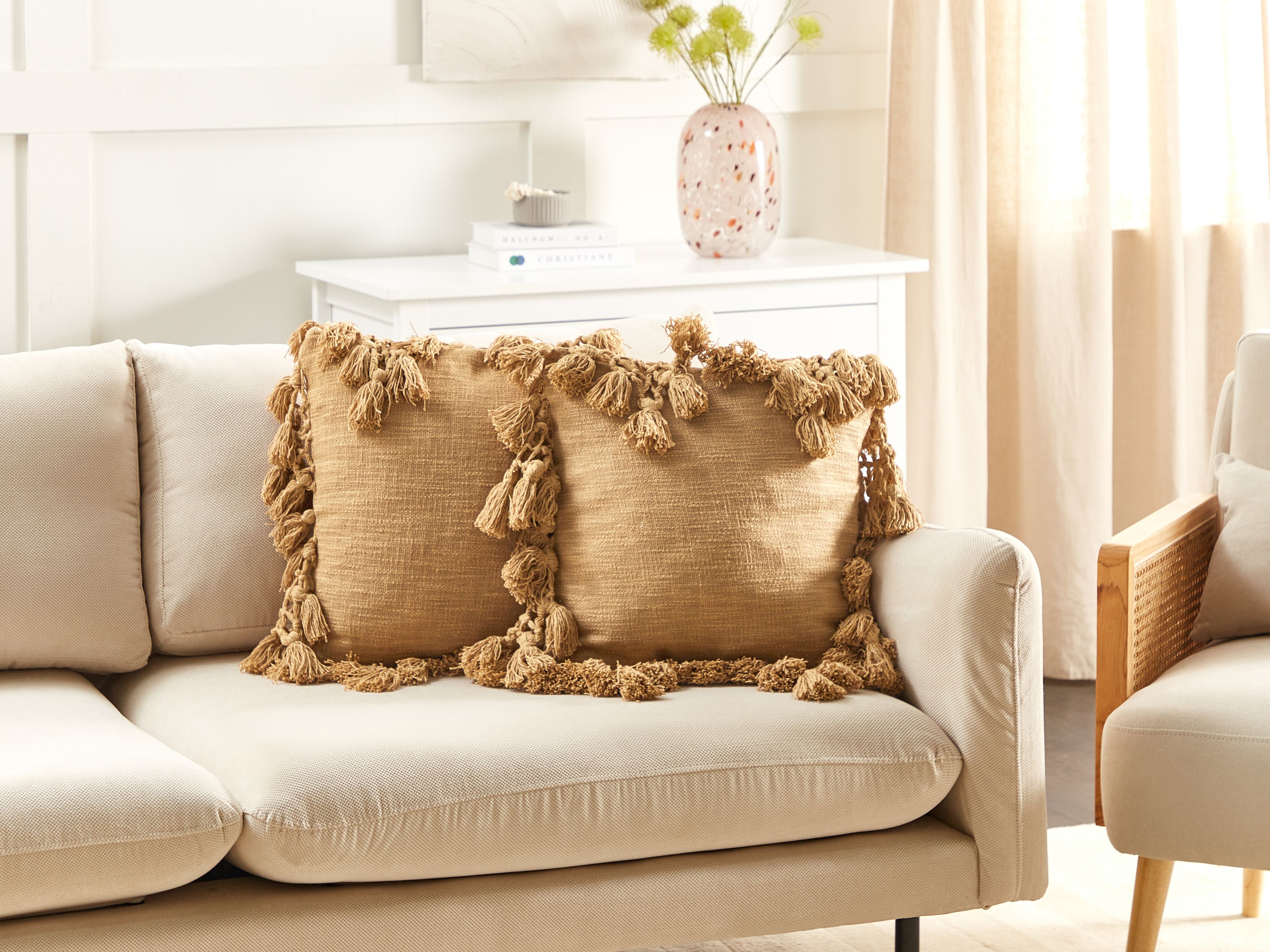 Set of 2 Decorative Cushions OLEARIA Cotton 45 x 45 cm Sand Beige Solid