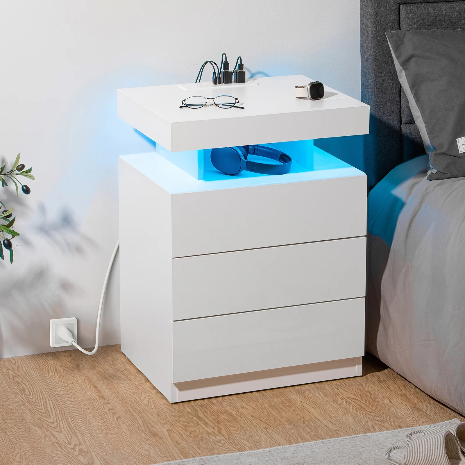 Hommpa LED Nightstand Wireless Charging Station USB Type C Outlets Bedside Table 3 Drawers Black Night Table Modern Smart Nightstand High Gloss End Side Table for Bedroom Furniture 26.8" Tall - Image 34