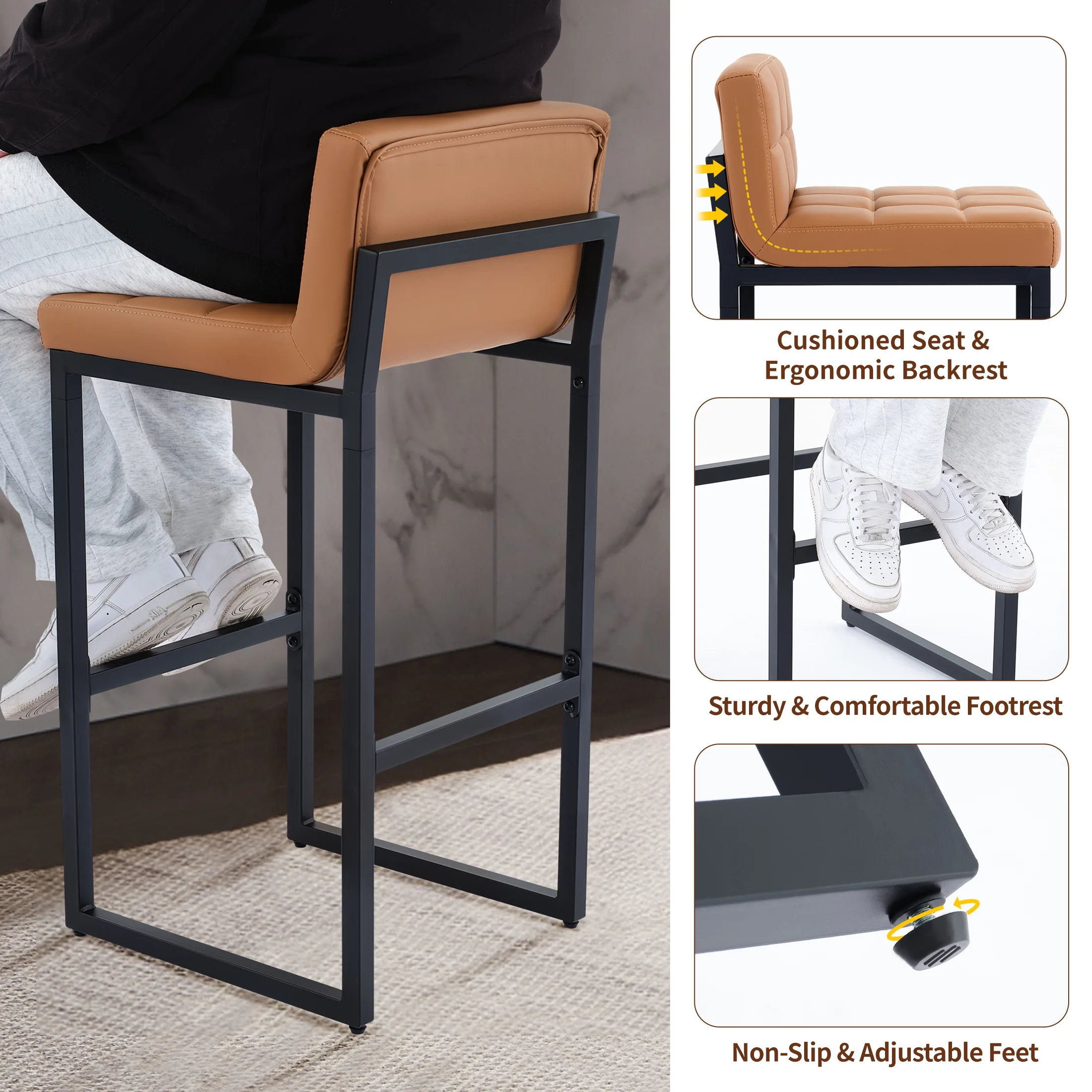 FIRAVOE Bar Stools Set of 3, Counter Height Bar Stools (Low Back)(Thickened Frame) 26" PU Leather Barstools Bar Chairs for Kitchen Island, Black - Image 36