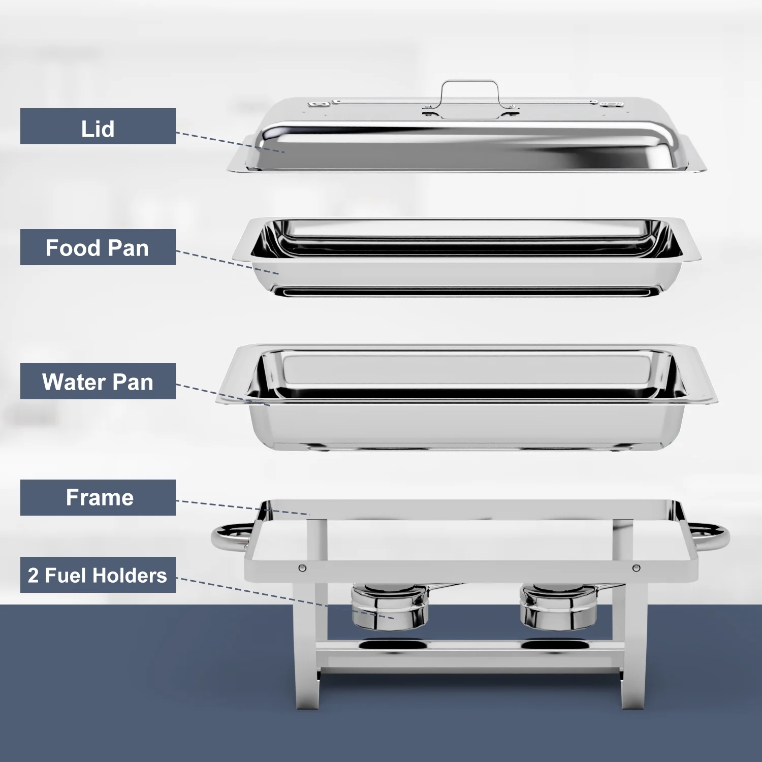 Bluebow 4 Pack Chafing Dishes for Buffet Set, Stainless Steel Catering Chafer, Serving Food Warmer with Lids, Food & Water Pans & Fuel Holders