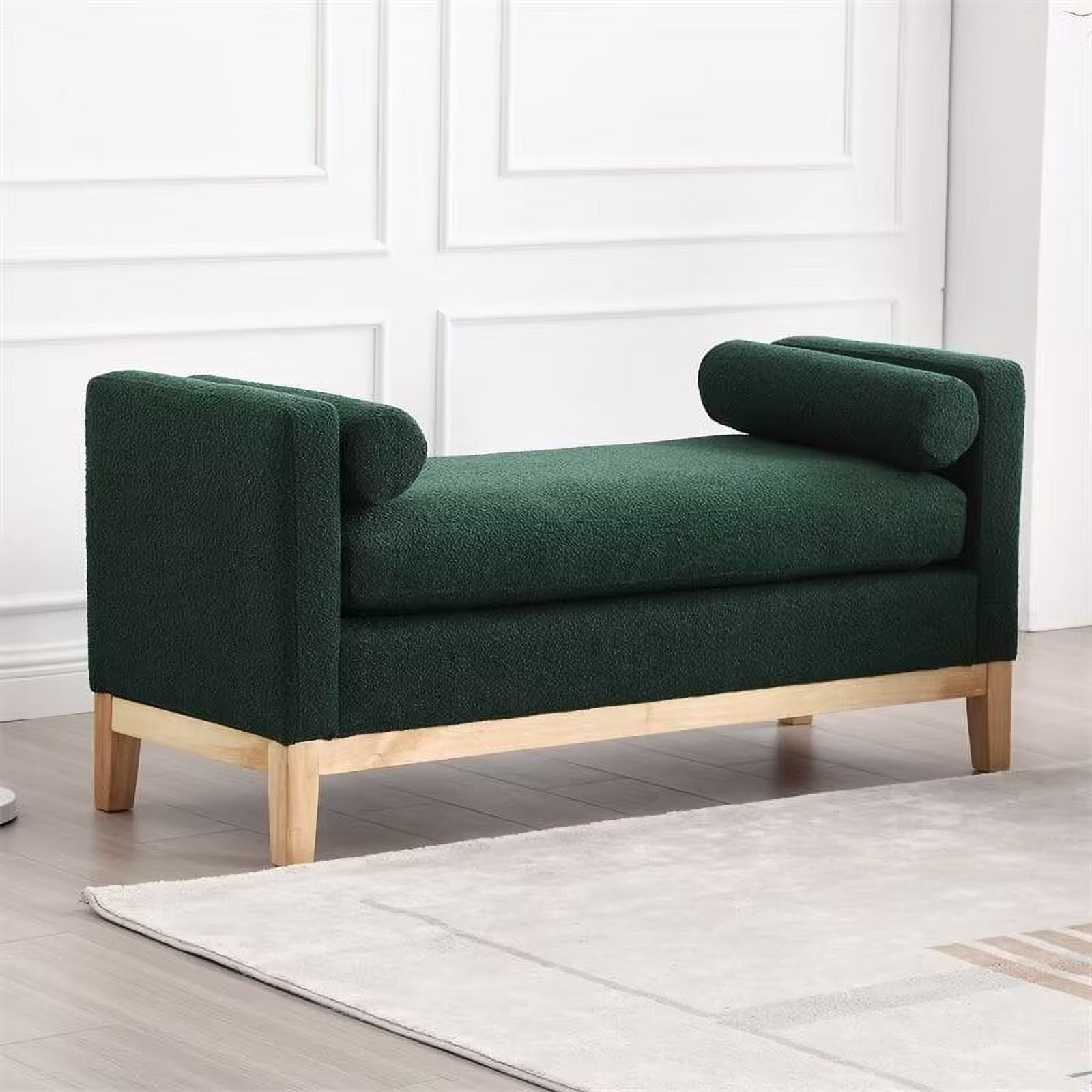 End of Bed Bench, 53.5" Boucle Fabric Upholstered Entryway Bench with Wood Legs & Bolster Pillows, Rolled Arm Cushioned Ottoman Foot Rest Long Stool Window Extra Seating for Bedroom, Ivory - Image 9