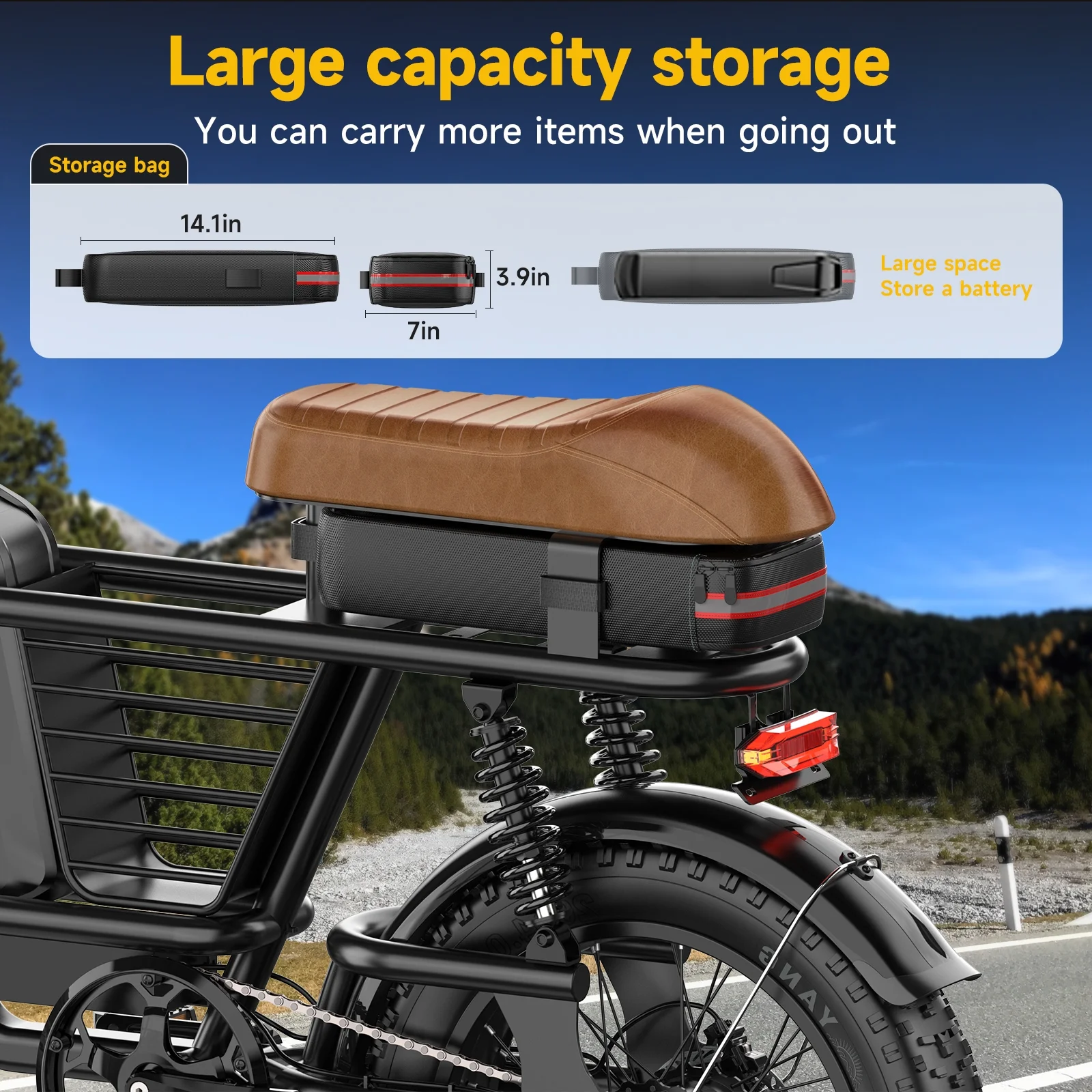 1500W Peak Electric Bike for Adults, 20" Fat Tire E-Bike, 48V 15Ah Battery, 7-Speed E-Mountain Bike with Storage Rack, UL2849 - Image 13