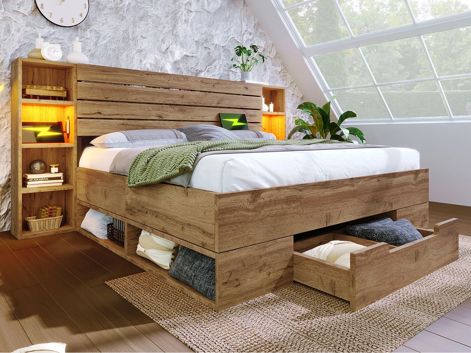 Lit adulte 160×200cm en bois + MDF - avec liseuse + prises chargement - avec sommier à lattes - Naturel