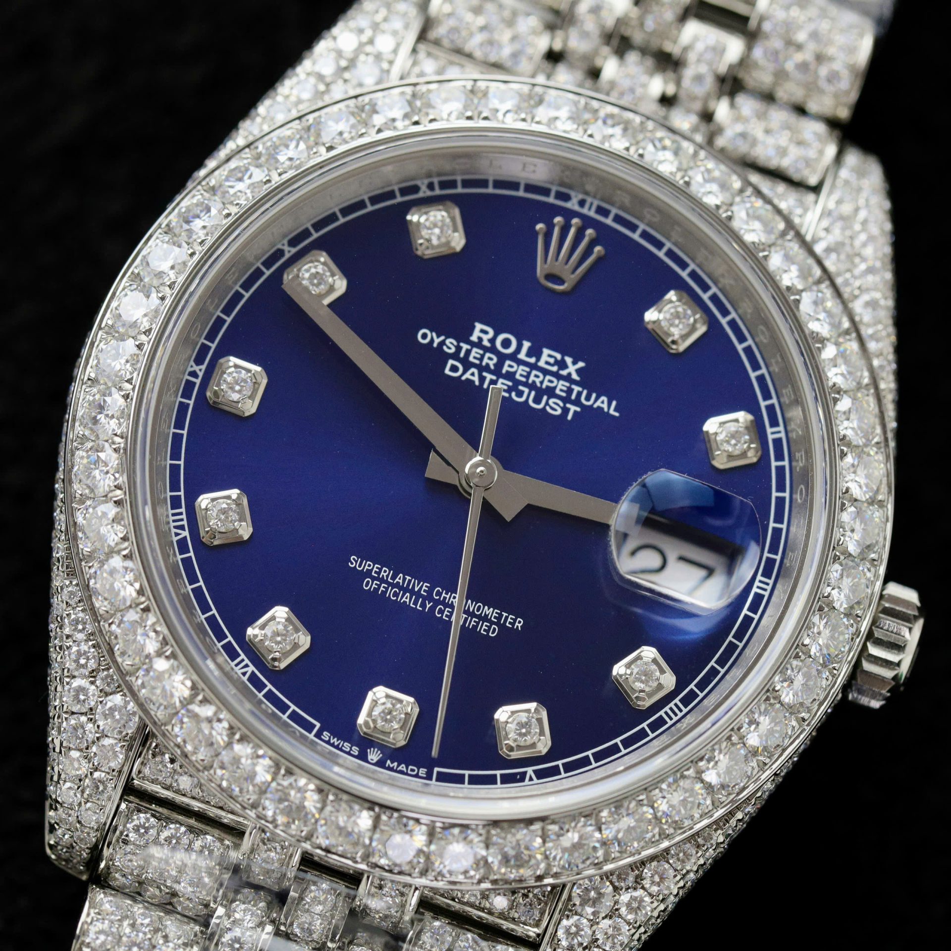Rolex DateJust Blue Dial Copies Watches Custom Moissanite Diamonds 36mm - Elite Watch Atelier