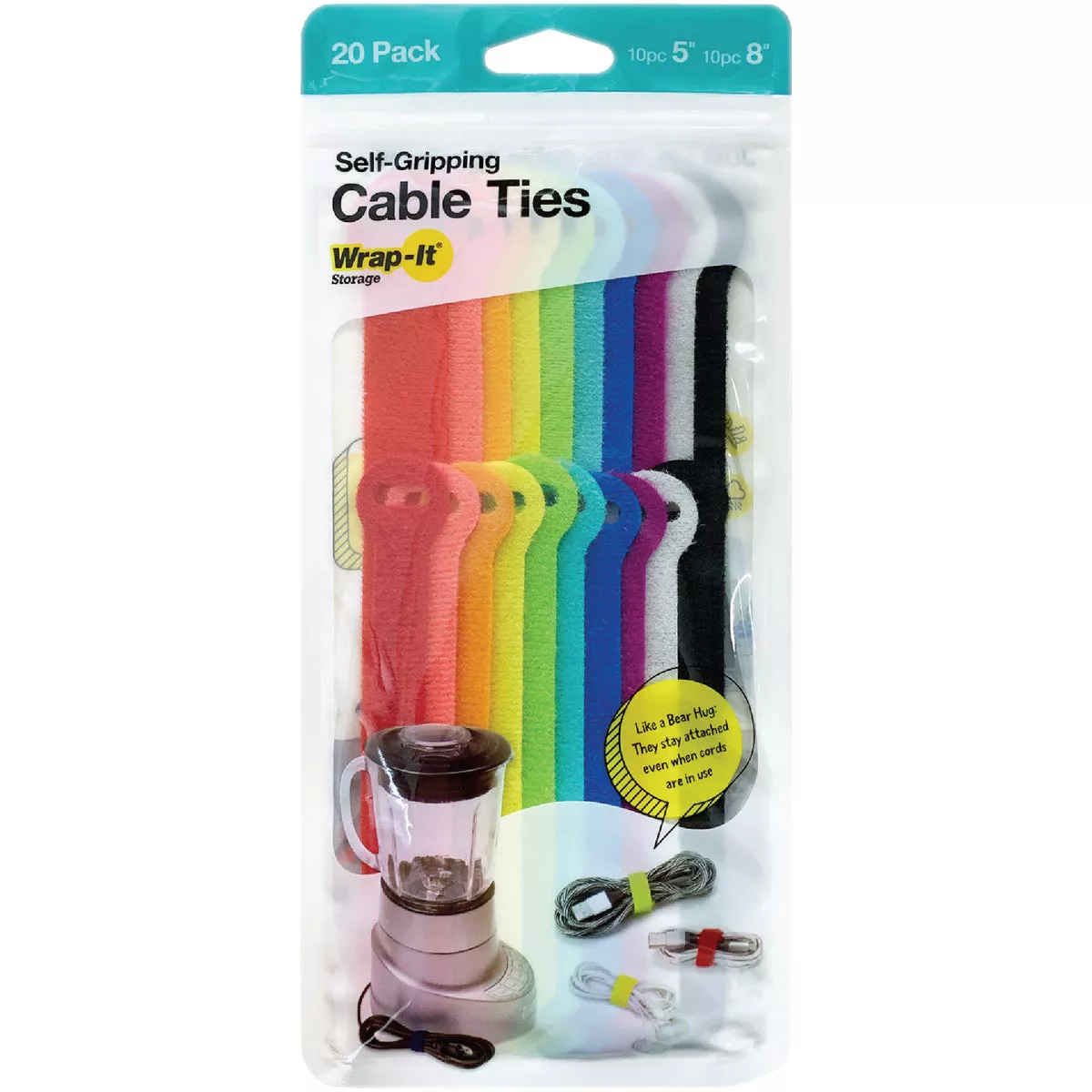 Wrap-It Storage 5 In. & 8 In. Multi-Color Self-Gripping Cable Ties (20-Pack)