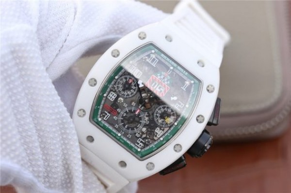 Replica Richard Mille RM011 White Ceramic Felipe Massa Green Inner Bezel White Rubber Strap A7750 - Elite Watch Atelier
