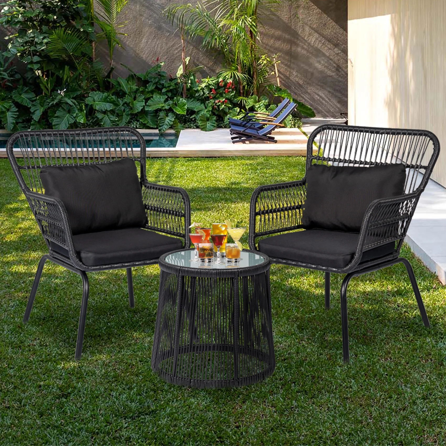 Tappio 3-Piece Patio Conversation Bistro Set Rattan Furniture, Outdoor Patio Set w/Glass Top Table & Cushions for Garden Balcony Backyard Poolside, Yellow/Beige - Image 20