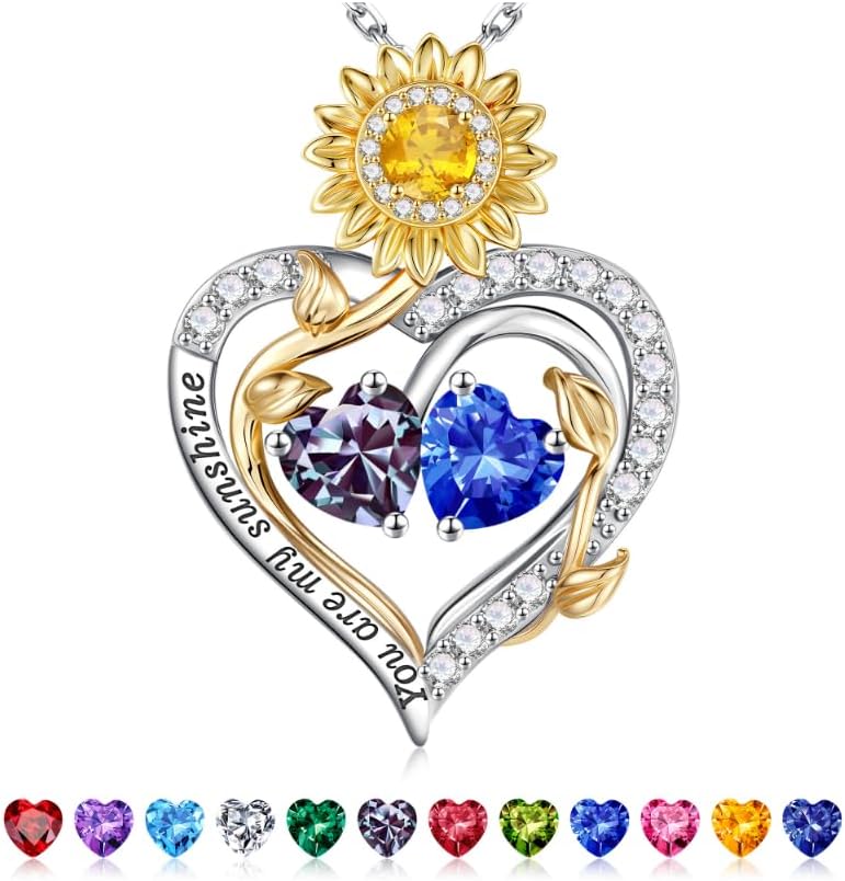 Iefil Mothers Day Gifts - 925 Sterling Silver Sunflower Double Birthstone Necklace for Women, Anniversary Birthday Gifts for Wife Mom