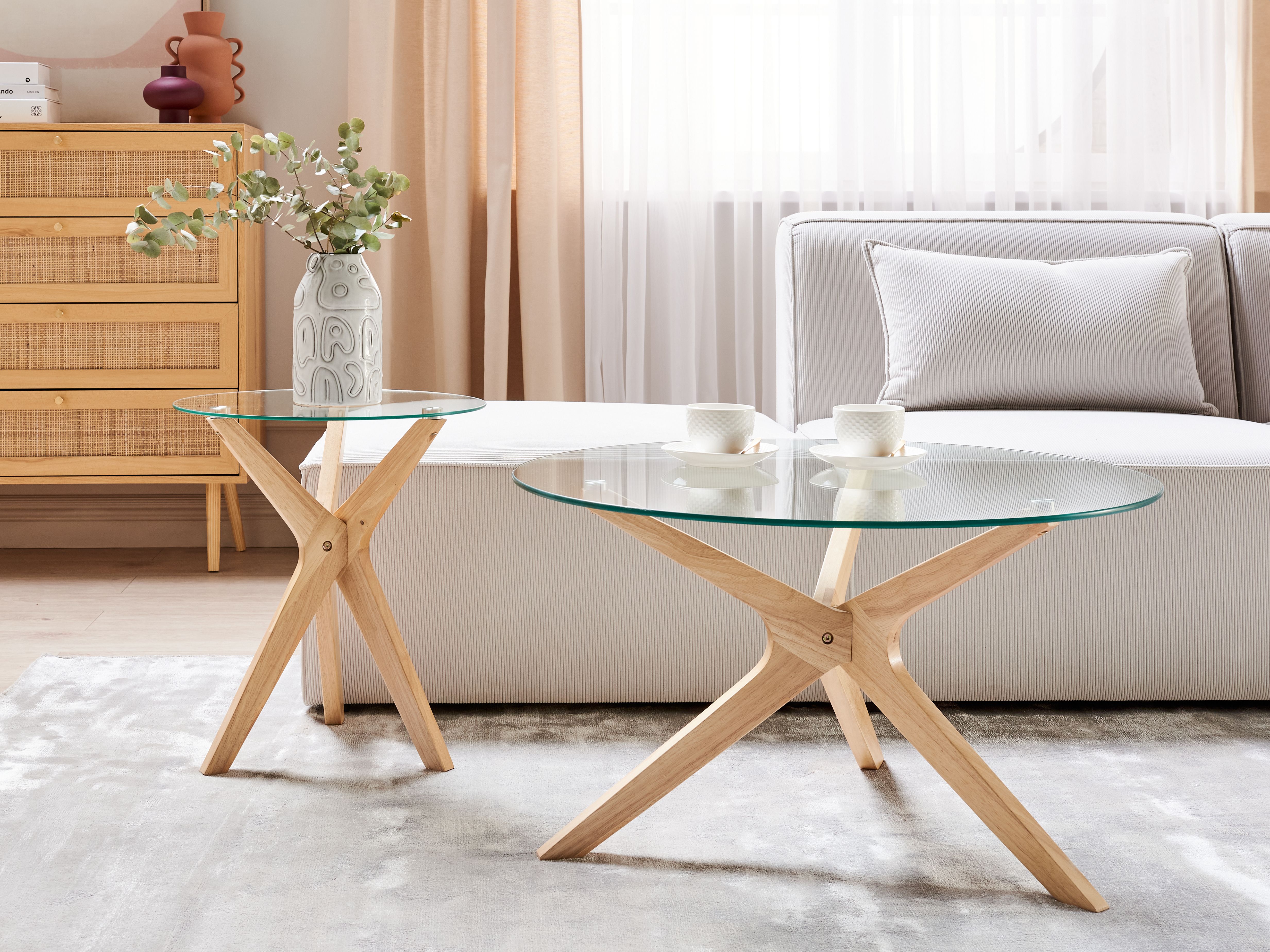Set of 2 Coffee Tables VALLEY Tempered Glass Light Brown