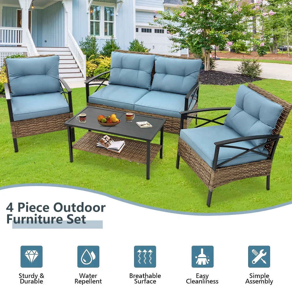 Patio Sofa Set, 4 Pieces Outdoor Sectional Furniture, All-Weather PE Rattan Wicker Patio Conversation Set, Cushioned Sofa Set with Coffee Table for Patio Garden Poolside Deck - Image 36