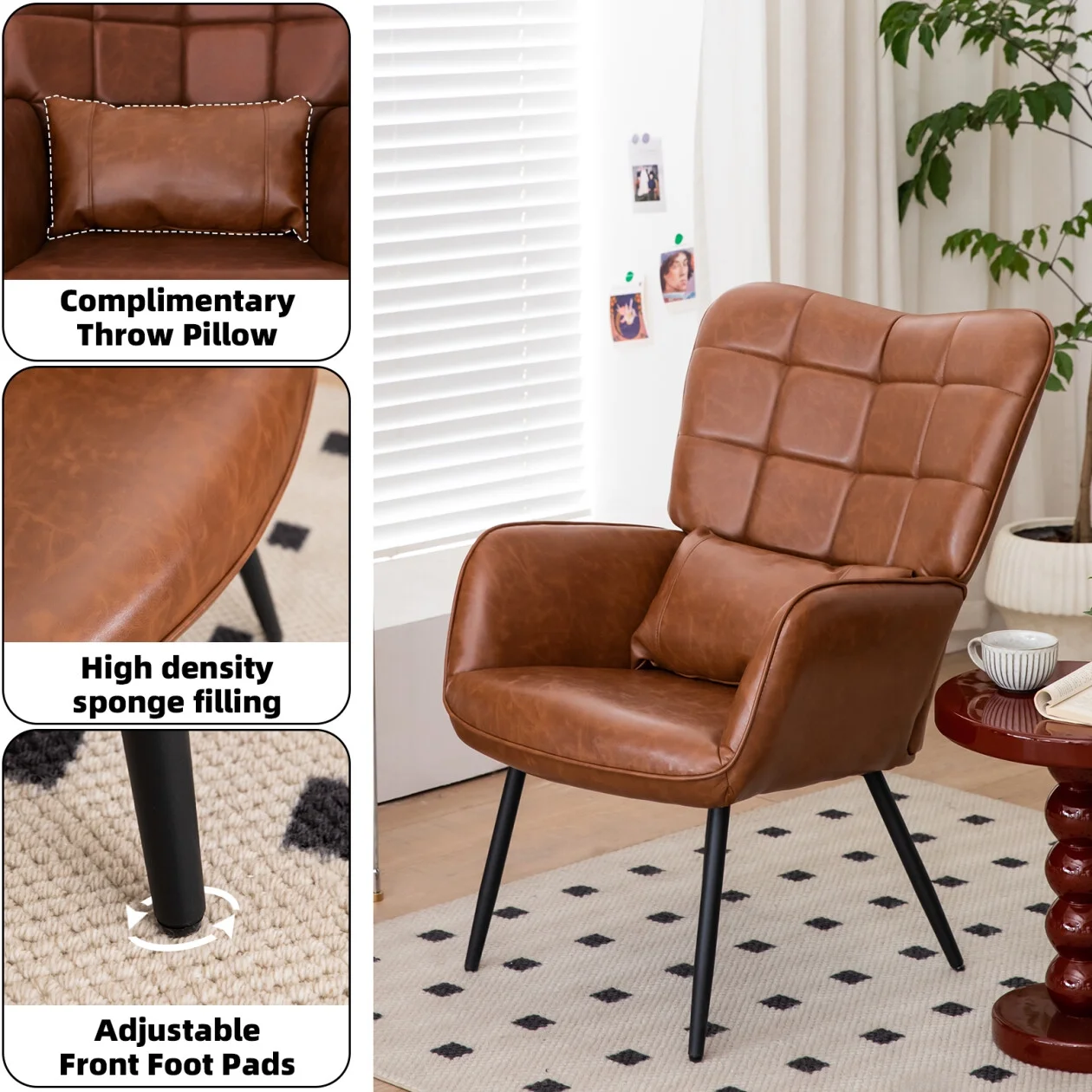 Modern Accent High Back Chair, Bonded Leather Armchair, Living Room Chairs with Metal Legs and Soft Padded, Sofa Chairs for Home Office/Bedroom/Dining Room, Brown (1pc)
