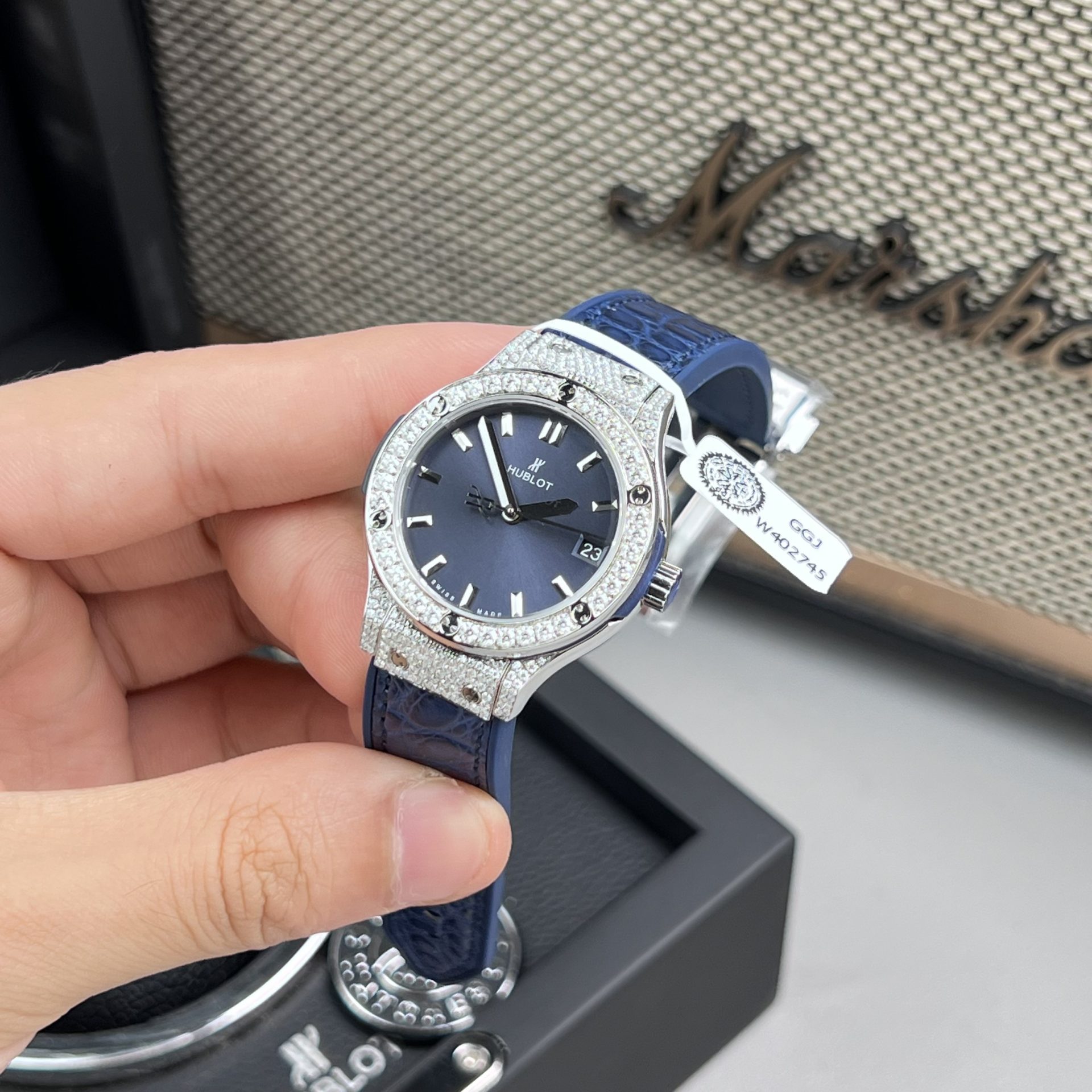 Hublot Replica Watch Classic Fussion Custom Blue Dial Moissanite Diamonds 33mm - Elite Watch Atelier