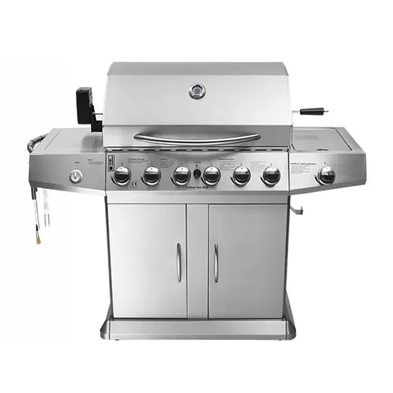 Stainless Steel 6 Burner Gas BBQ Grill Big Cooking Area Hotplate Modern Premium Design Adjustable Trolley Foldable Outdoor Use
