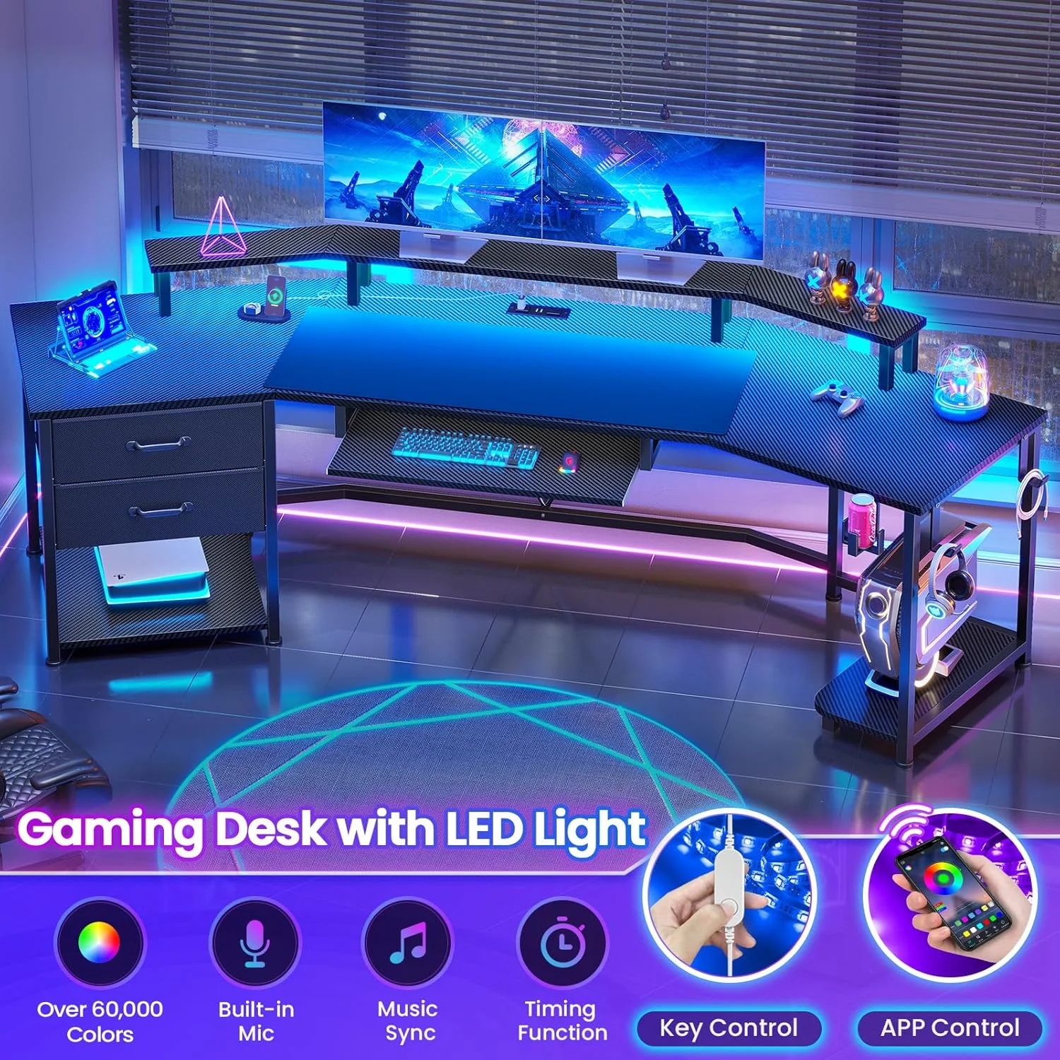 79" Gaming Desk with LED Lights and Power Outlets, U Shaped Desk with Monitor Stand and Drawers, Gaming Table with Keyboard Tray, Cup Holder and CPU Stand for Bedroom, Carbon Fiber Black - Image 10