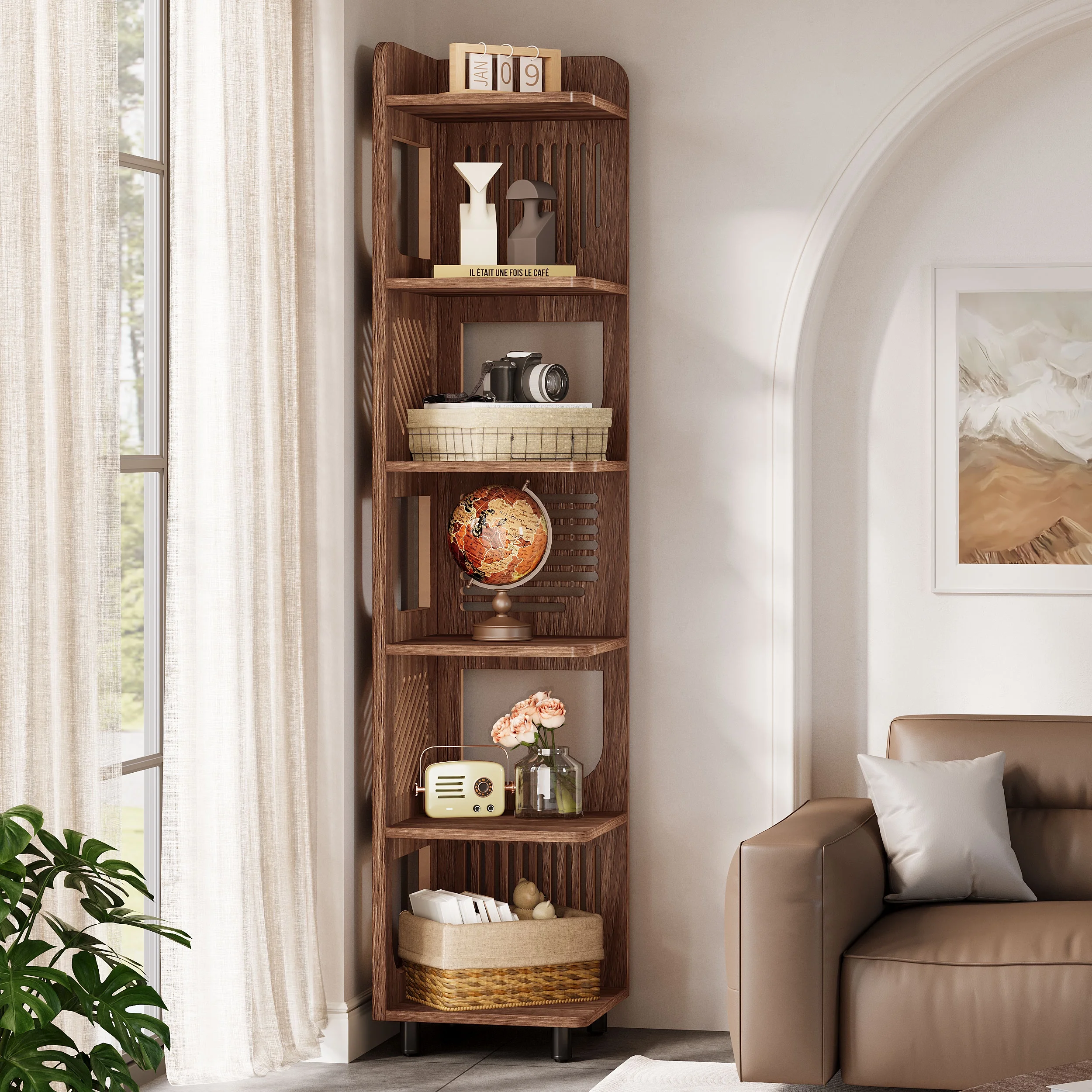 Fnova 71" 6-Tier Tall Corner Bookshelf, Rustic Wooden Narrow Corner Bookcase with Artistic Square Rack, Freestanding Display Storage Shelf for Space-Saving Home Organizing - Image 7